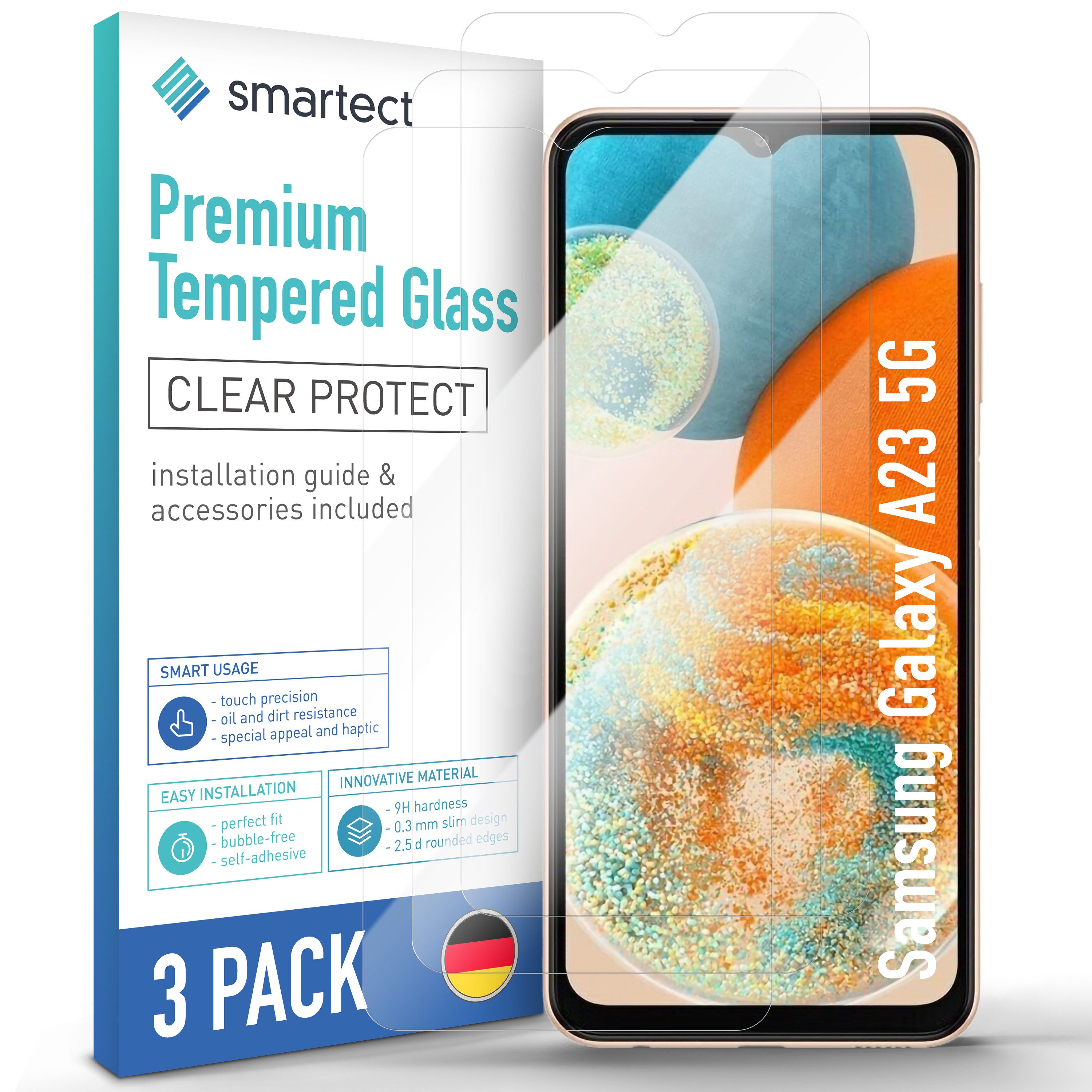 smartect Displayschutzglas 3X Schutzglas Panzerfolie Klar für Samsung Galaxy A23 5G für Samsung Galaxy A23 5G, Set, 3 Stück, 0.3 mm Ultra-klar, 9H Härte, Kratzfest, Stoßfest, Blasenfrei, Oleophob