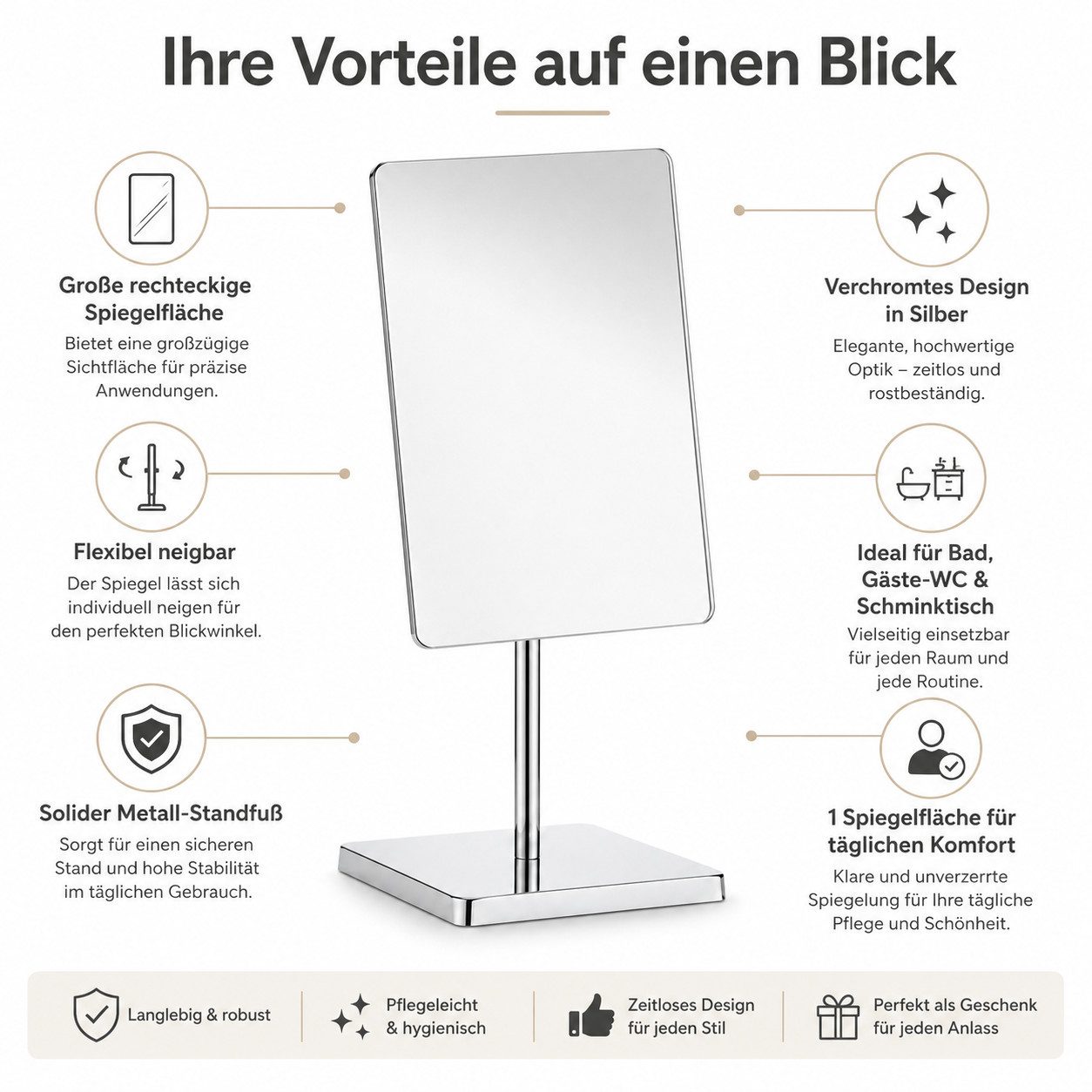 Testrut Standspiegel Standspiegel rechteckig, verchromt, neigbar, 37,5 cm