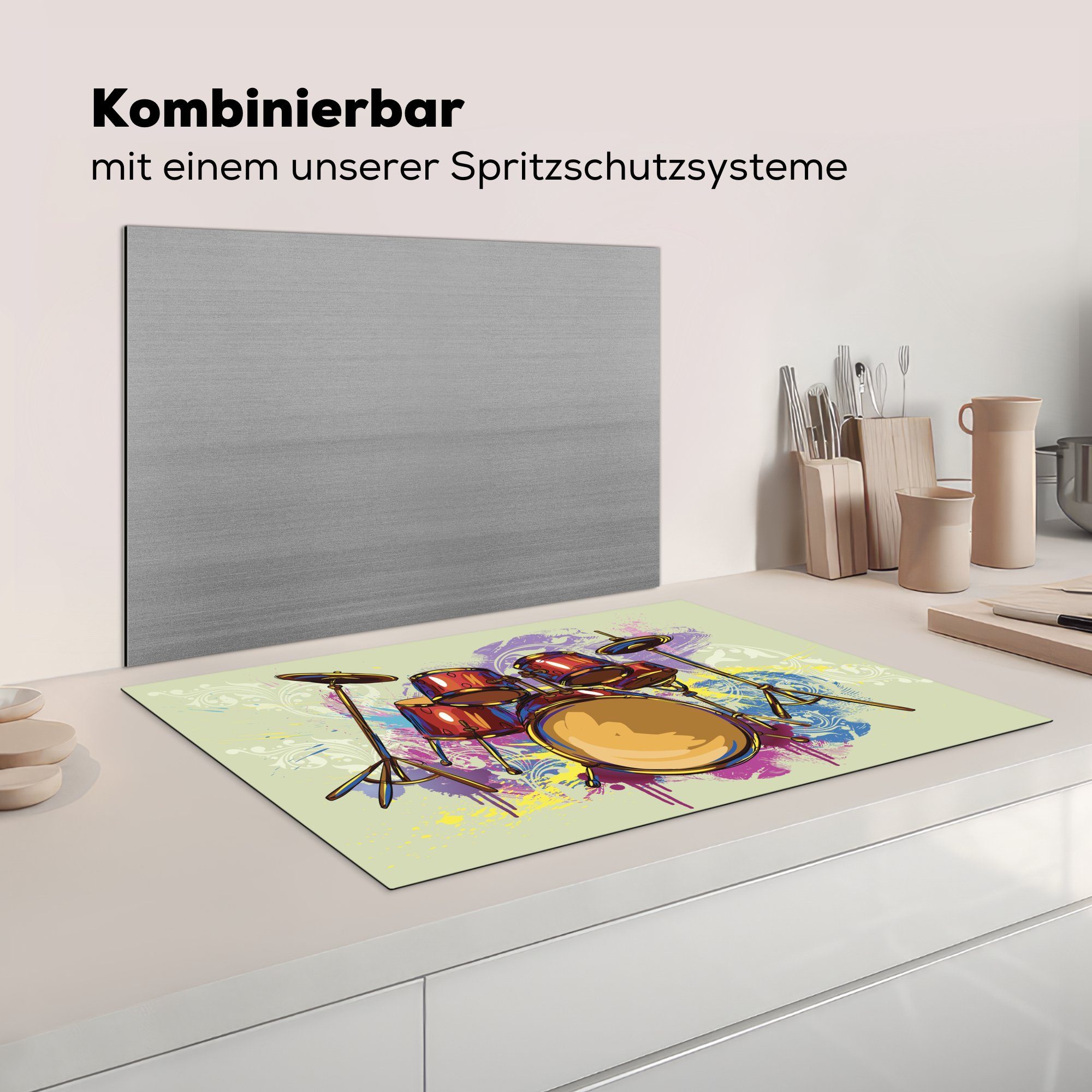 Vinyl, 81x52 die mit Herdblende-/Abdeckplatte küche, für Schutz cm, Farbe, Illustration MuchoWow Schlagzeugs Induktionskochfeld Ceranfeldabdeckung eines (1 tlg),