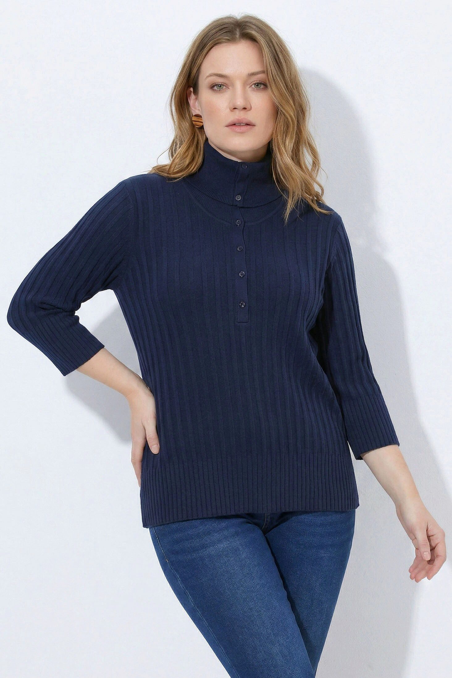 Ulla Popken Strickpullover Pullover Rippstrick Rollkragen 3/4-Arm