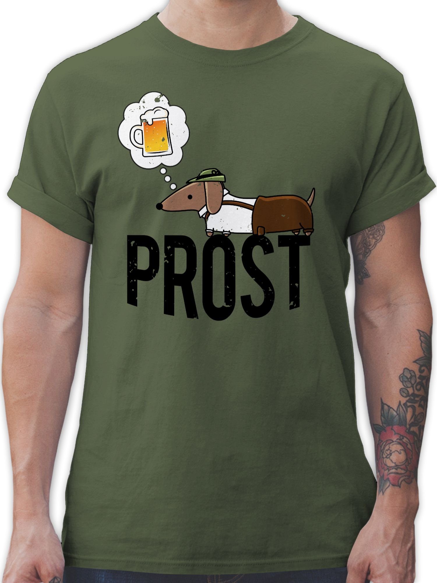 Shirtracer T-Shirt Prost mit Dackel und Bier Vintage Mode für Oktoberfest Herren 01 Army Grün