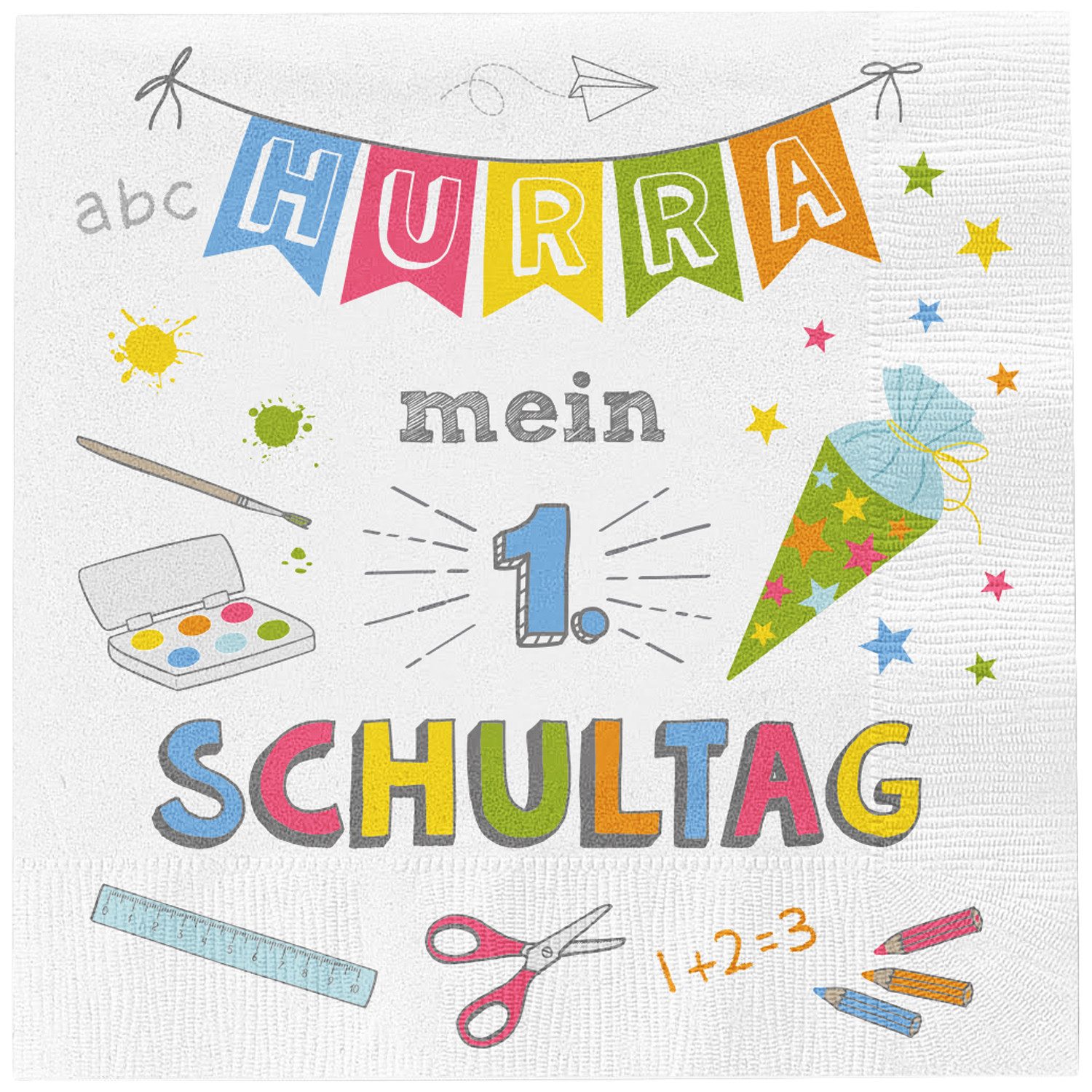 Macosa Home Papierserviette 40 Stk. Servietten Einschulung Hurra mein 1 Schultag 33 cm Papier, (Einschulungsfeier Kinder Schultüte Motiv, 40 St., Schulanfang Deko Schulstart Partydeko), 3 lagig Servietten weiß bunt Tischdeko