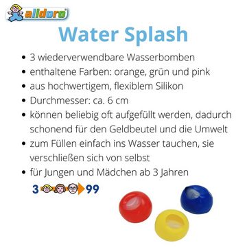 alldoro Wasserbombe 63038, Water Splash, wiederverwendbar, 3er Set in rot, gelb und blau