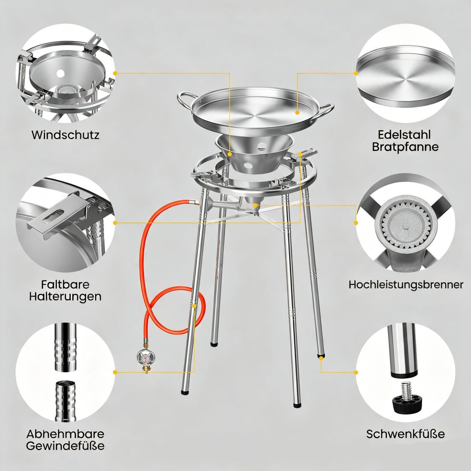 HOMELUX Gaskocher Paellaset Gasbrenner, 3,8 kW Propan Kochsystem Komplett Set für Paella, (Set, 2-St., mit Schlauch 150 cm und 30 mbar Gas Regler Druckminderer) – Bild 5 von 5