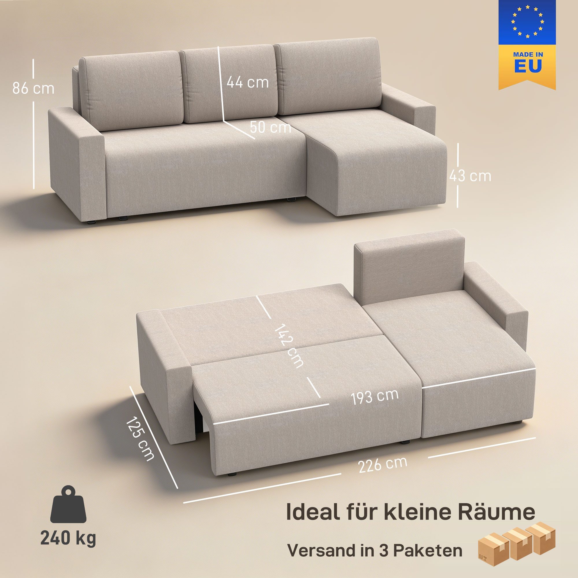 HOMCOM Schlafsofa L-Form 3-Sitzer Sofa aus Veloursbezug Schlafcouch, Beige, Eckcouch 1 Teile, Schlaffunktion, umkehrbare Ottomane, Stauraum – Bild 3 von 5