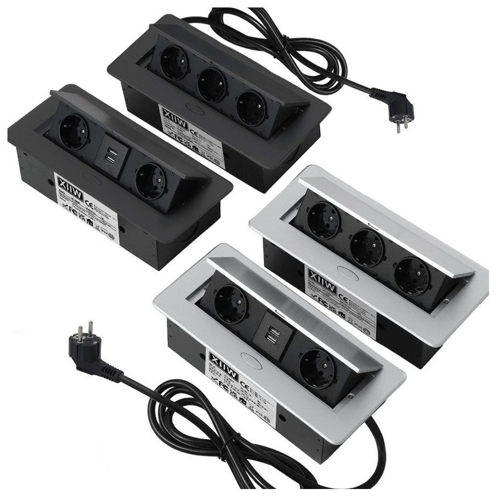 XERSEK 1.8m Kabel + Netzteil Versenkbar Einbausteckdose Alu Tischsteckdose Einbau-Tischsteckdose (2Fach +2USB, 3500W/16A Tischplatte, Bodensteckdose), Aluminium Steckdosenleiste für Möbel, Büro, Küche