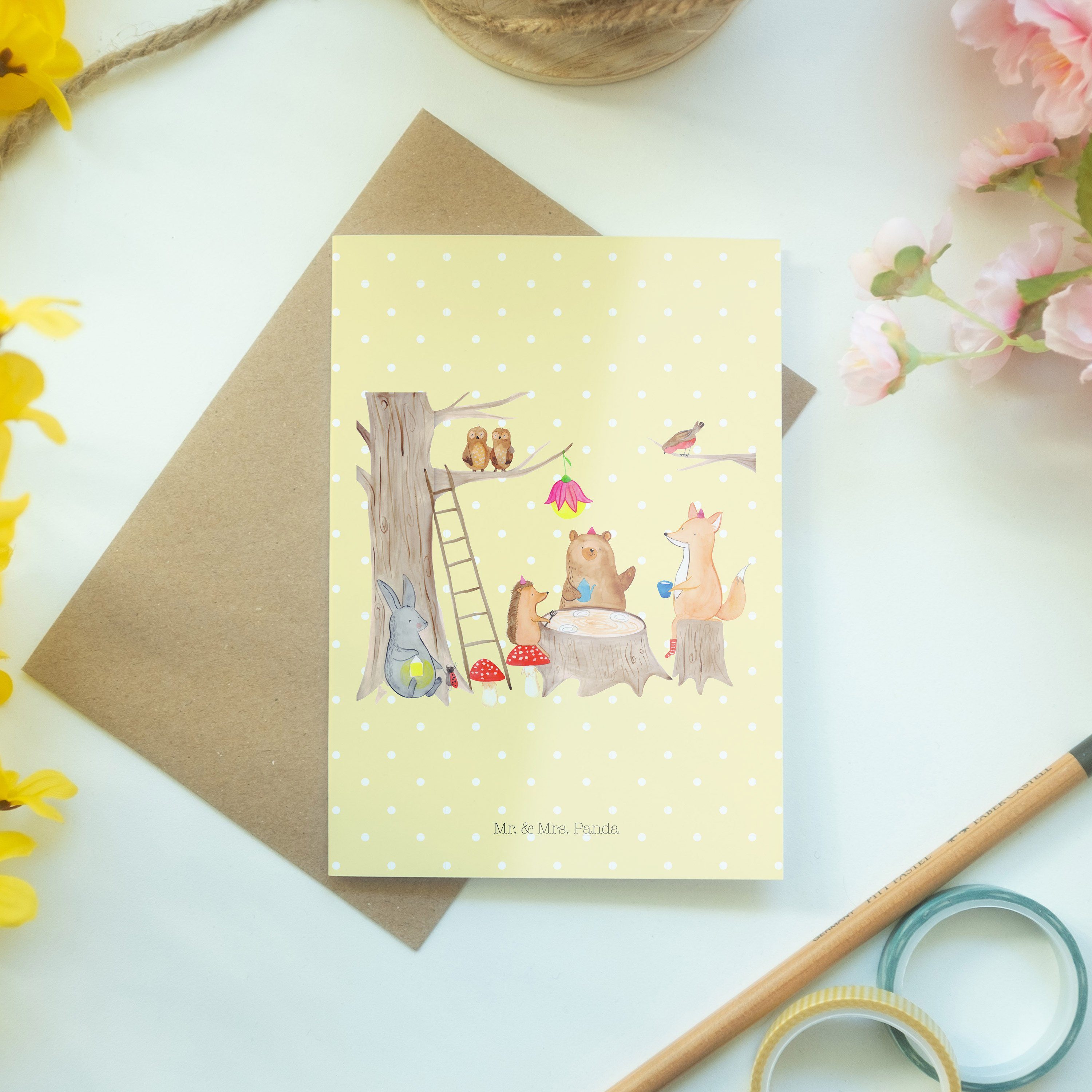 Mr. & Mrs. Grußkarte Pastell Geschenk, Waldtiere - Einlad Gelb Sprüche, lustige Picknick Panda 
