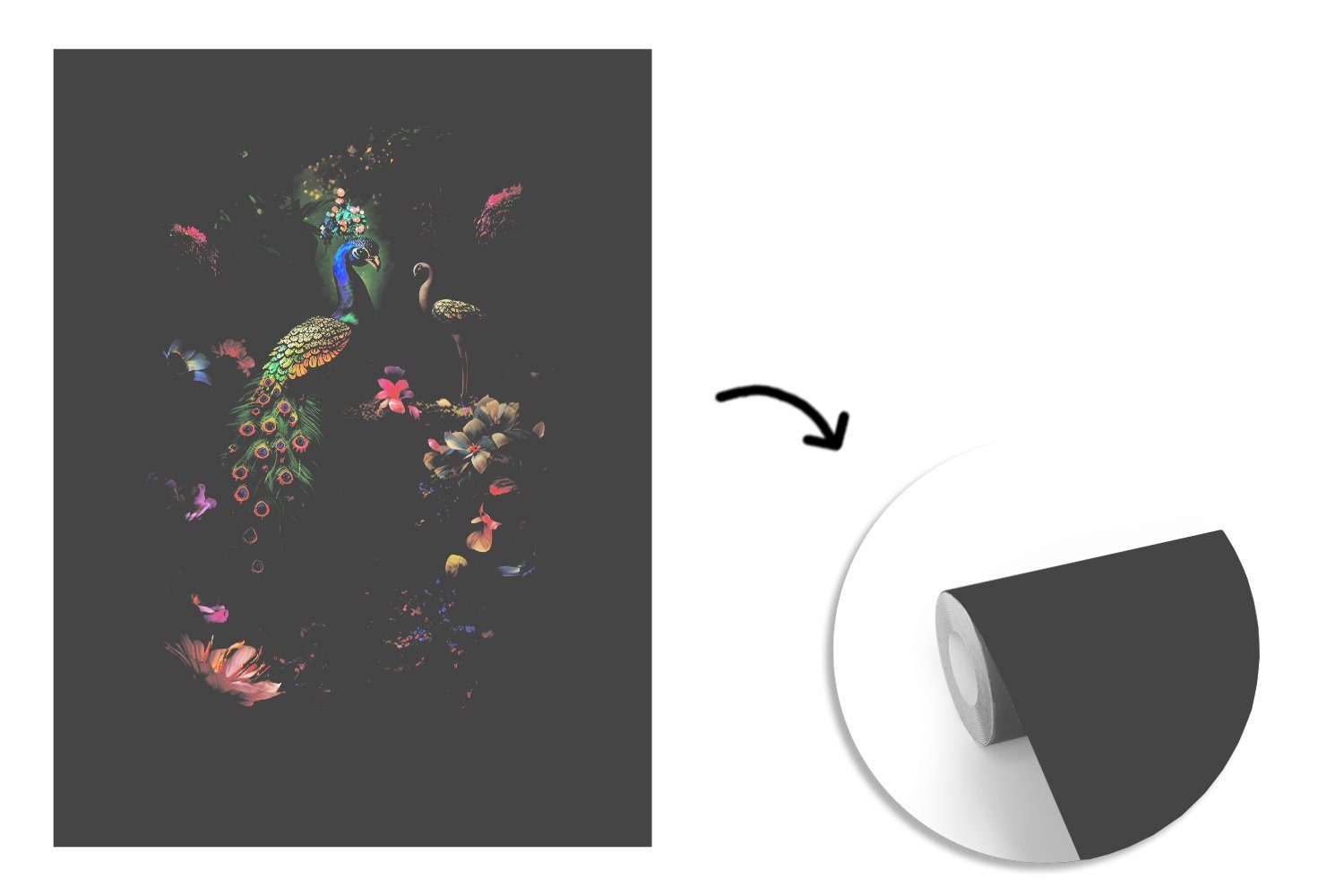 Montagefertig Vinyl Tapete für Wohnzimmer, - - St), Pfau (4 Vögel MuchoWow Blumen bedruckt, Matt, Fototapete Dschungel, Wandtapete -