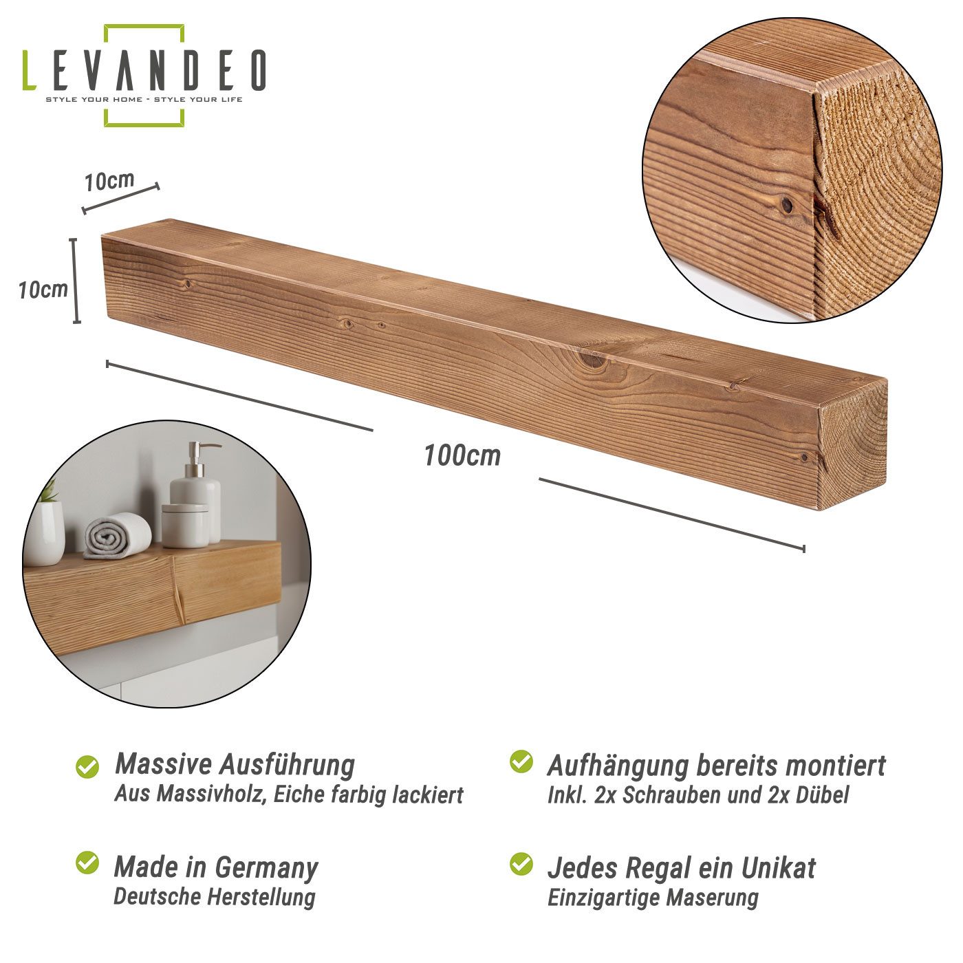 Levandeo® Wandregal, levandeo Wandregal Holz Massiv 100x10cm Eiche Farbig Wandboard Regal