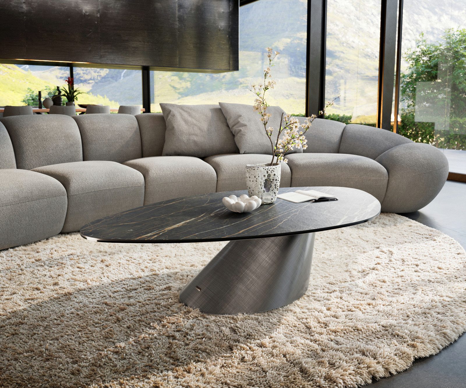 DELIFE Couchtisch Edge, Organisch 140x76 cm Keramik Laminam® Noir Desir Braun Conis Metallic S