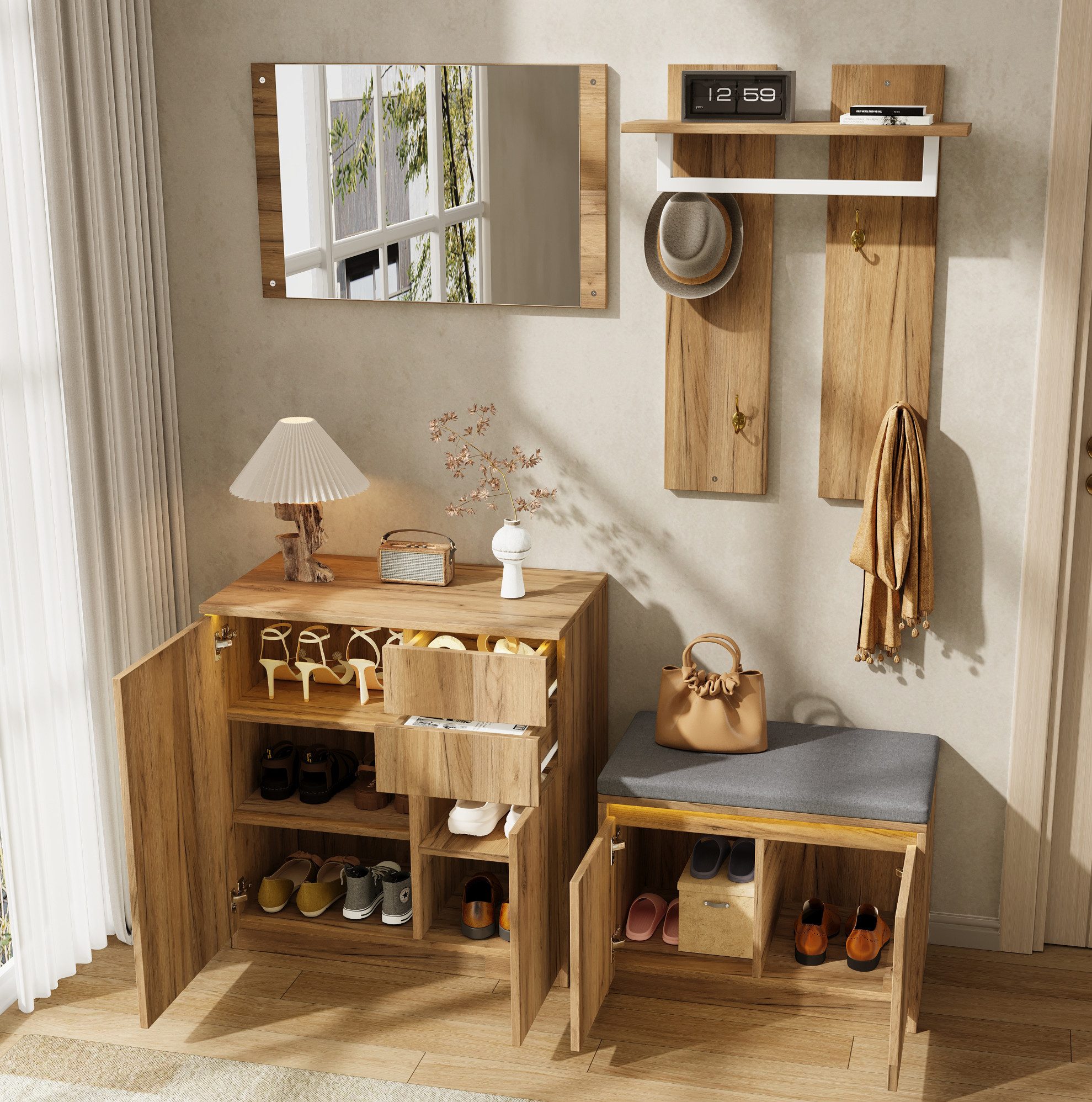 OKWISH Garderoben-Set Flurmöbel mit Spiegel, Kleiderstange und Schuhschrank, (1-St., Haken, gepolsterte Sitzfläche, für Diele), 130x35x124,5 cm, 2 Schubladen, Bank, Natur