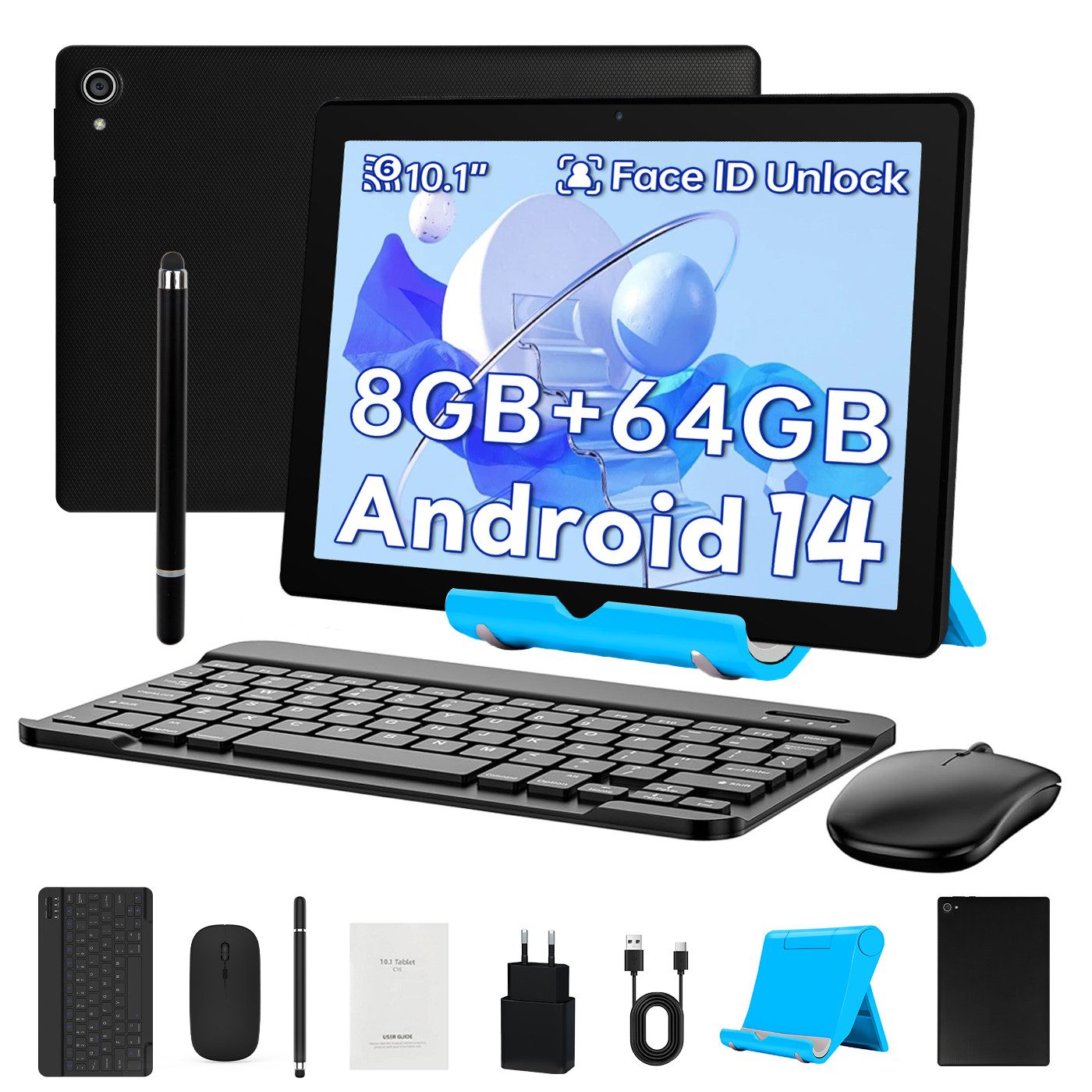 Happybe 10,1 Zoll 64GB, Android 14, HD 1280x800, mit Tastatur, Maus und Stylus Tablet (10", 64 GB, Android, WiFi6, 8GB RAM, Octa-Core, Komplettset mit Tastatur/Stift/Maus/Ständer)