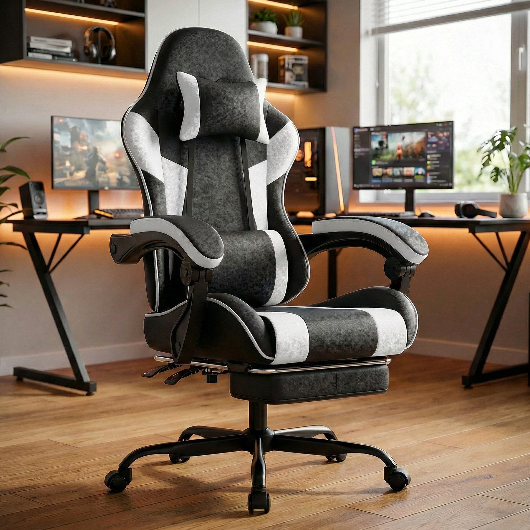 KEFEYA Gaming-Stuhl Freizeitstuhl mit Lendenkissen & Kopfstütze (135° Rückenlehne, klappbarer Fußstütze & verstellbarer Höhe – für Gamer, Homeoffice & Büro, 1 St)