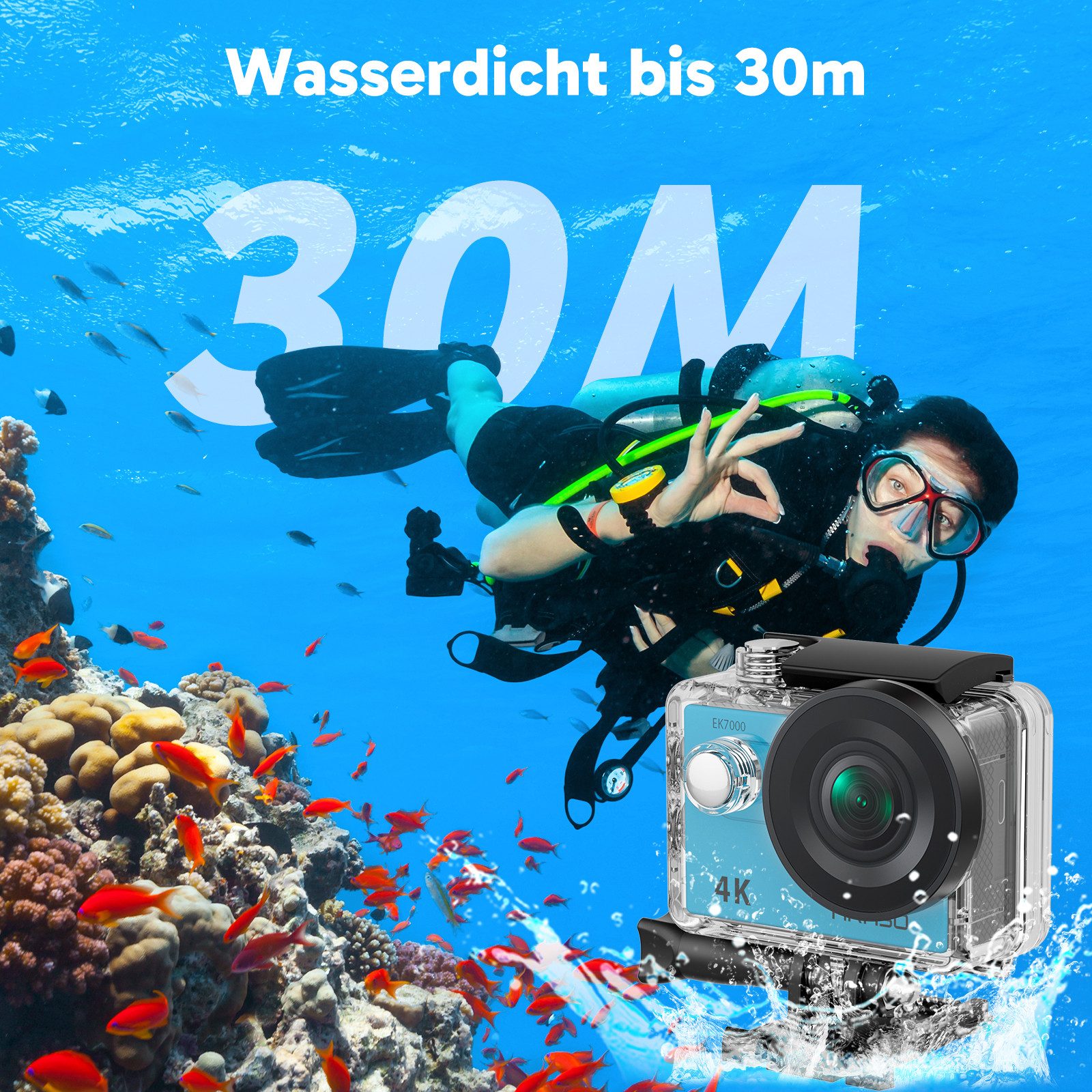 Akaso EK7000 Action Cam (4K Ultra HD, WLAN (Wi-Fi), 30M wasserdicht, 170°Ultra Weitwinkelt, Fernbedienung)