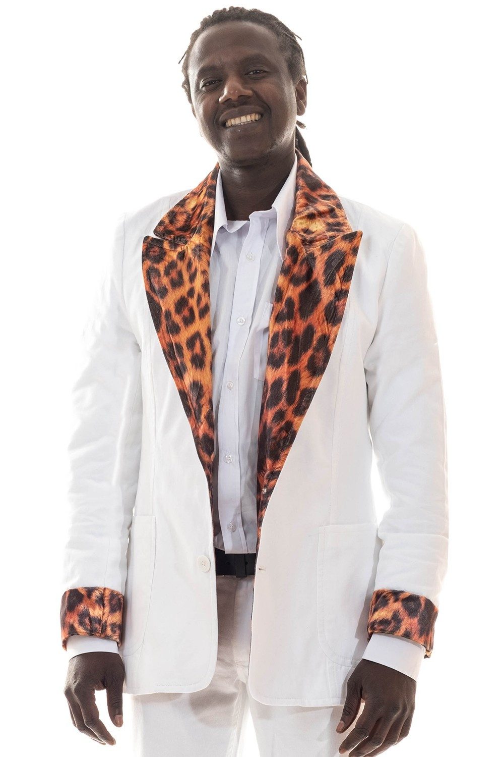 Comycom Sakko Herren 70er in Weiß mit Leopardenfell Besatz