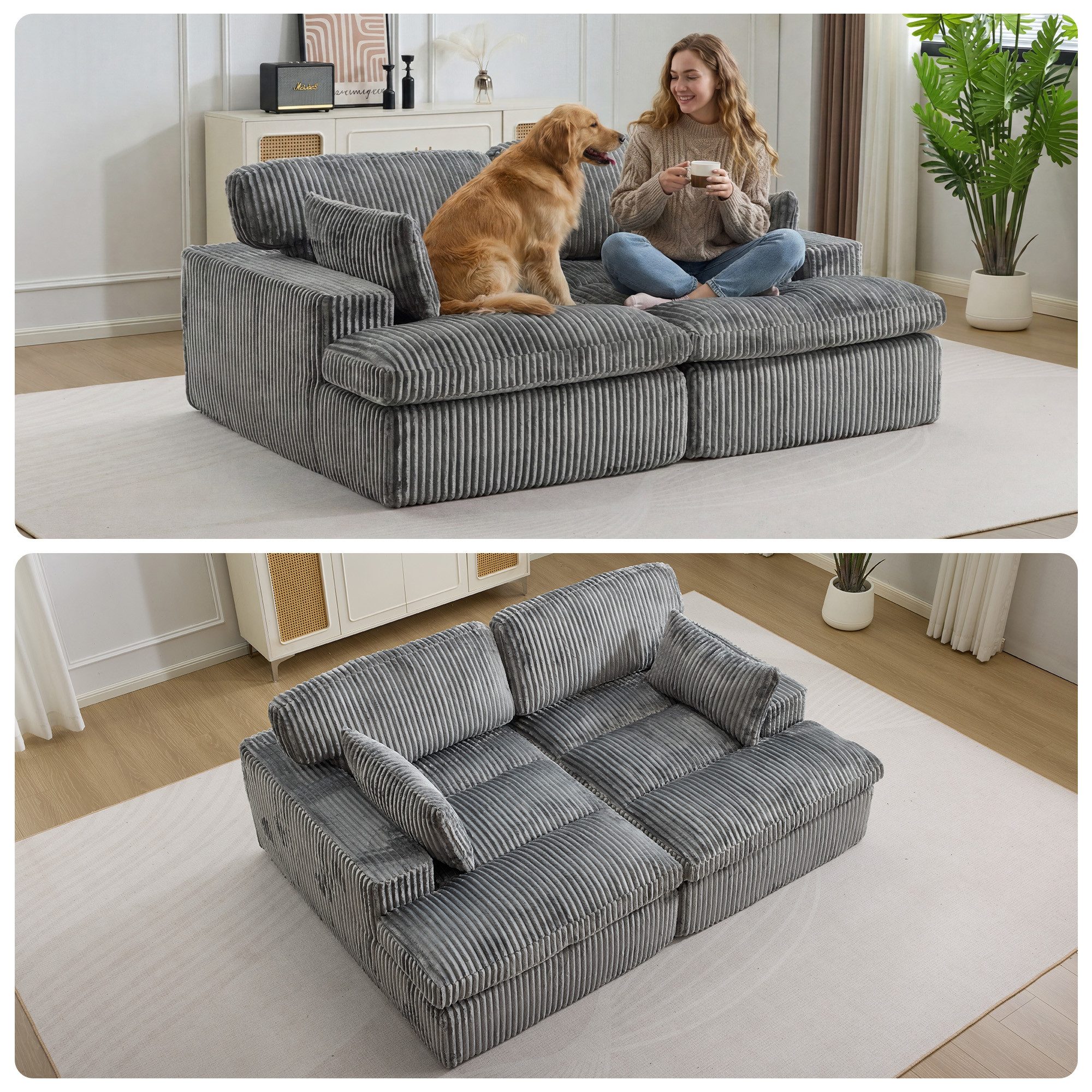 Vankel Loungesofa Schlafsofa 2-Sitzer Couch mit Bettfunktion und weichem Cordstoff, Bequemes Sofa für kleine Räume mit weichem Cord und Gästefunktion
