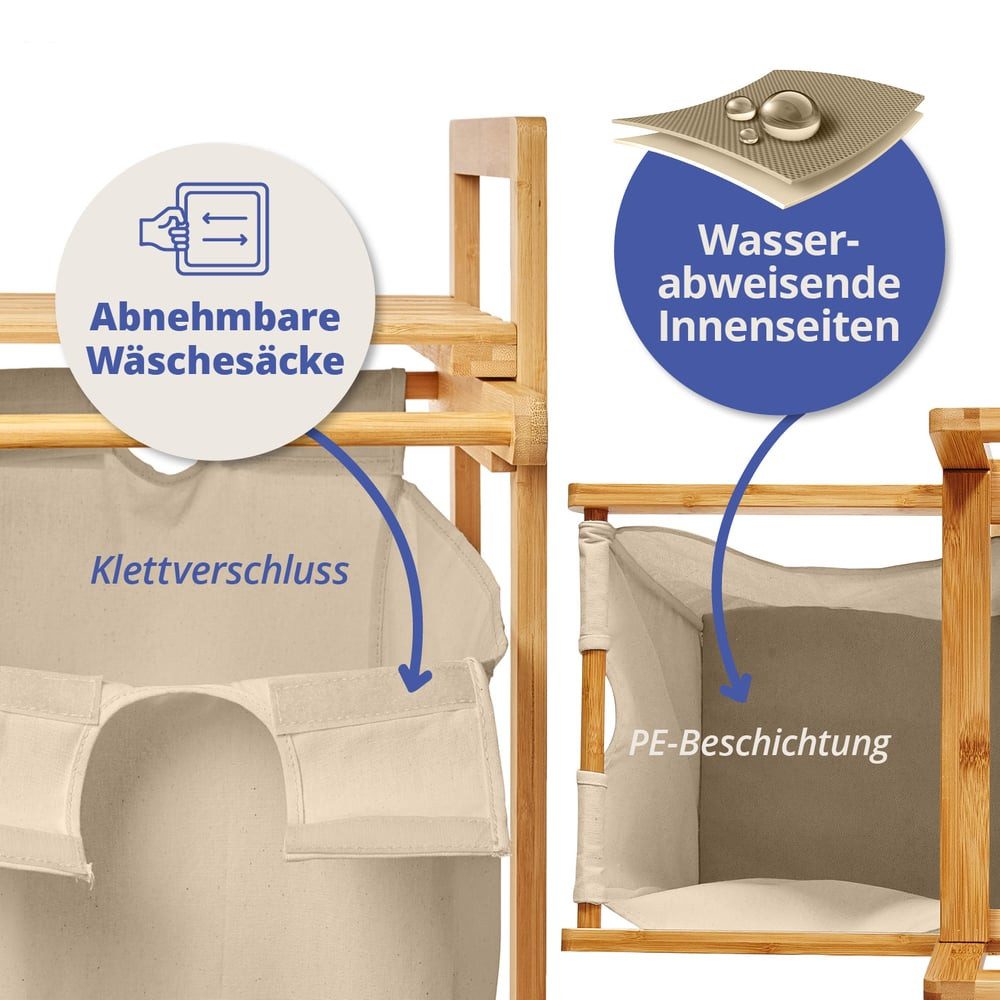 Lumaland Ausziehwäschekorb LL Wäschekorb Bambus 1 Sack 33 x 33 x 73 cm, mit ausziehbarem Wäschesack aus nachwachsendem Bambus – Bild 3 von 5
