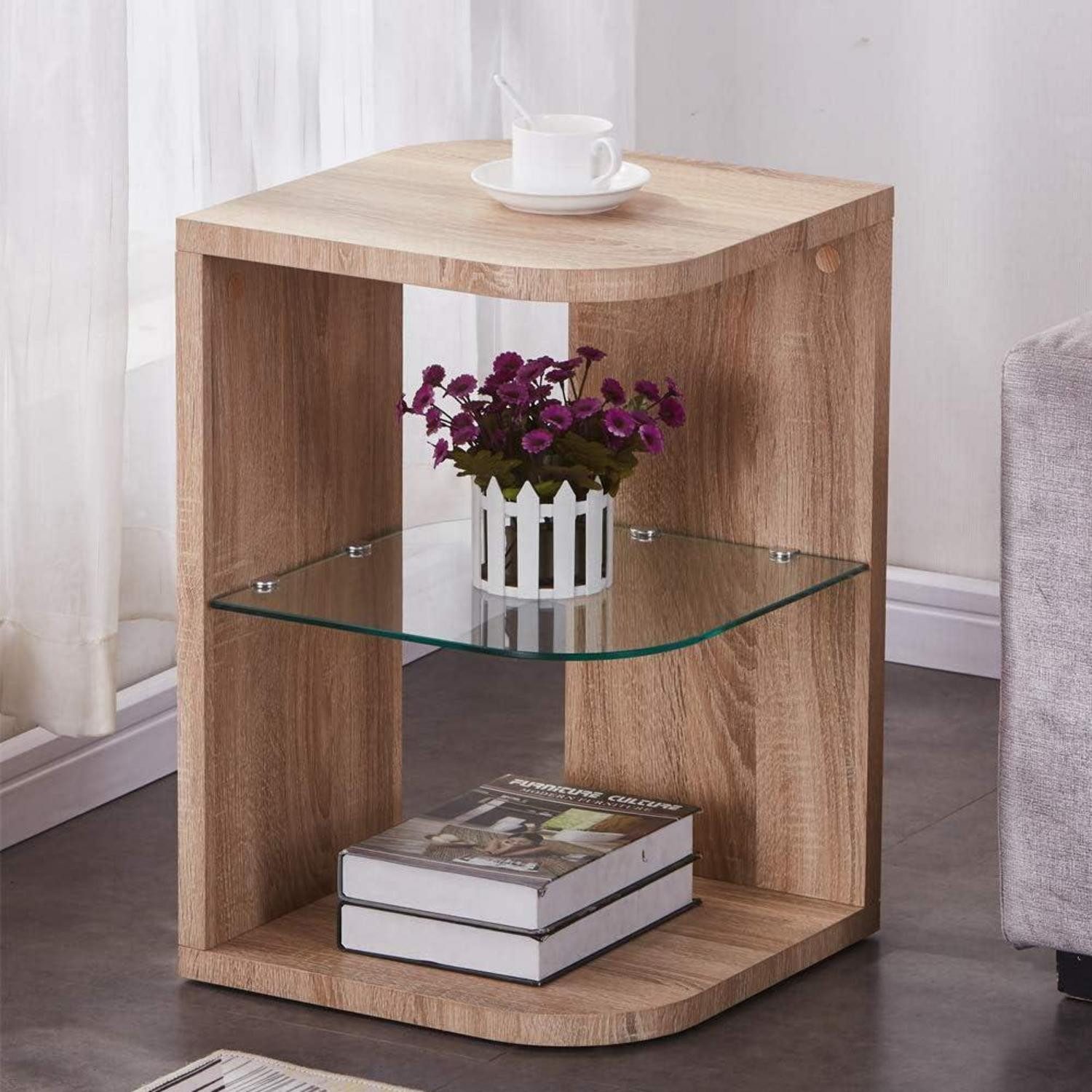Beistelltisch Beistelltisch Rund Holz Nachttisch Glas Modern Hellbraun 3 Ebenen