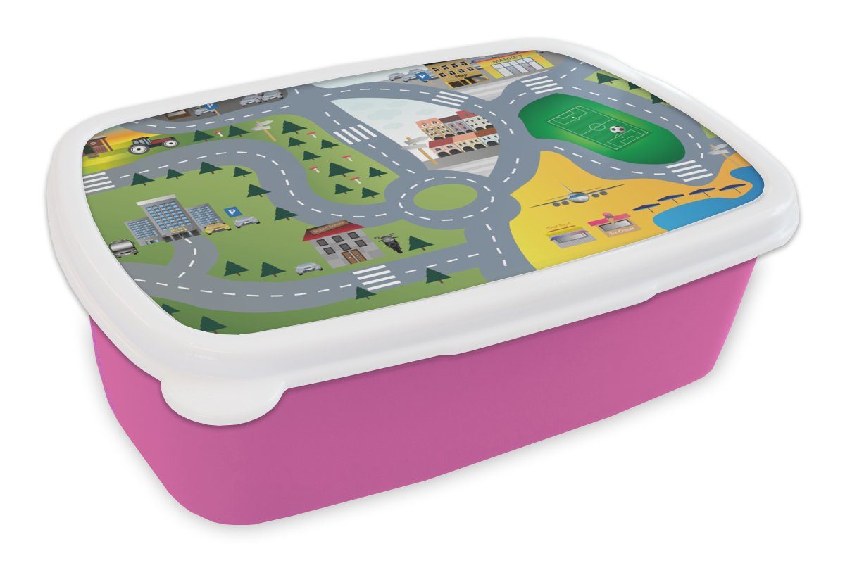 MuchoWow Lunchbox Kinder - Dorf - Auto - Straßen, Kunststoff, (2-tlg), Brotbox für Erwachsene, Brotdose Kinder, Snackbox, Mädchen, Kunststoff rosa