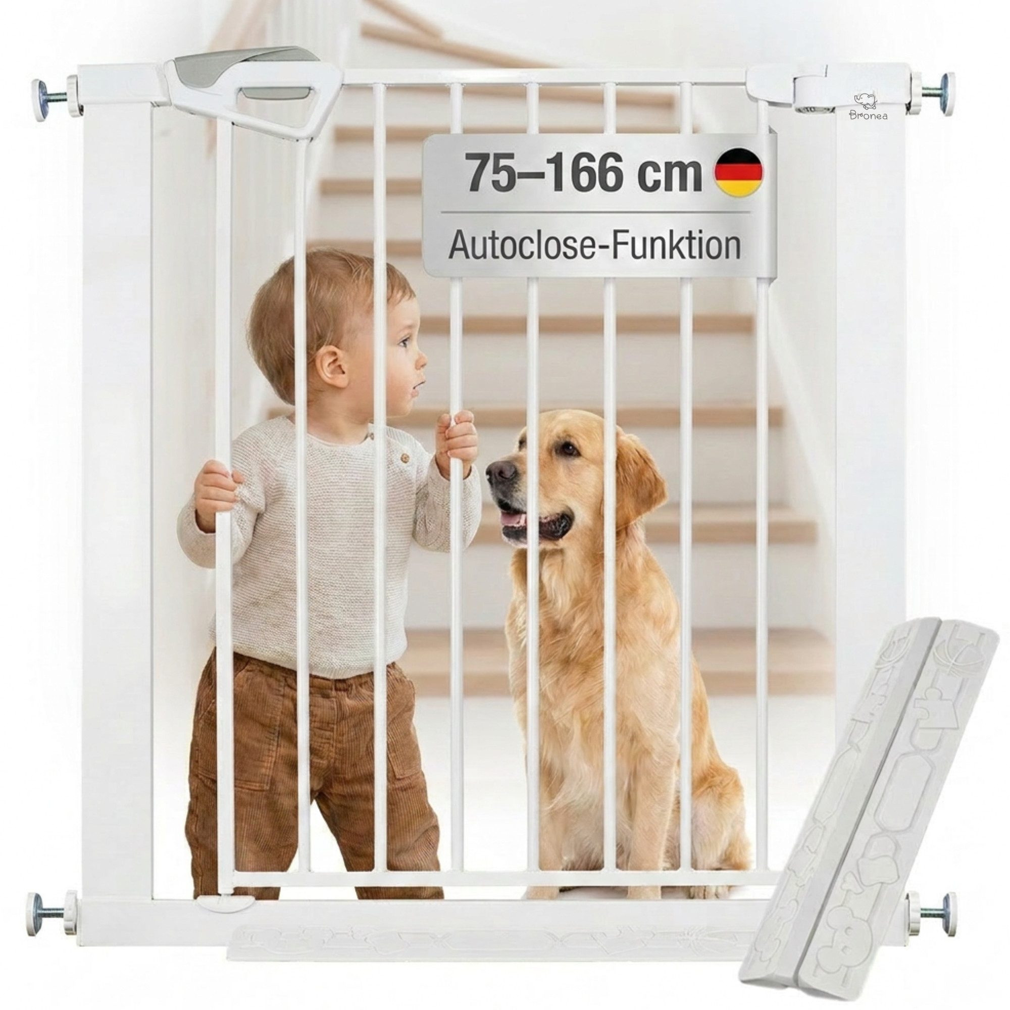 Bronea Treppenschutzgitter BALU Türgitter ohne Bohren Türschutzgitter Treppengitter (75–82 cm verlängerbar bis 165 cm, SAFETY-LOCK Rot/Grün, ANTI-STOLPER-RAMPE, AUTO-CLOSE Türschutzgitter), Entwickelt, Geprüft & Zertifiziert in Deutschland EN1930:2012-02