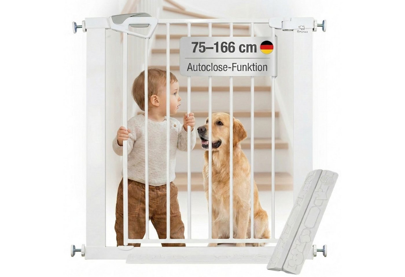 Bronea Treppenschutzgitter BALU Türgitter ohne Bohren Türschutzgitter Treppengitter (75–82 cm verlängerbar bis 165 cm, SAFETY-LOCK Rot/Grün, ANTI-STOLPER-RAMPE, AUTO-CLOSE Türschutzgitter), Entwickelt, Geprüft & Zertifiziert in Deutschland EN1930:2012-02