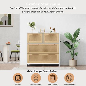 IDEASY Schubkastenkommode Aufbewahrungsschrank, Vitrine, 4 Schubladen, (80*80*38 cm), Schubladenfronten aus Rattan mit Griffen aus Massivholz