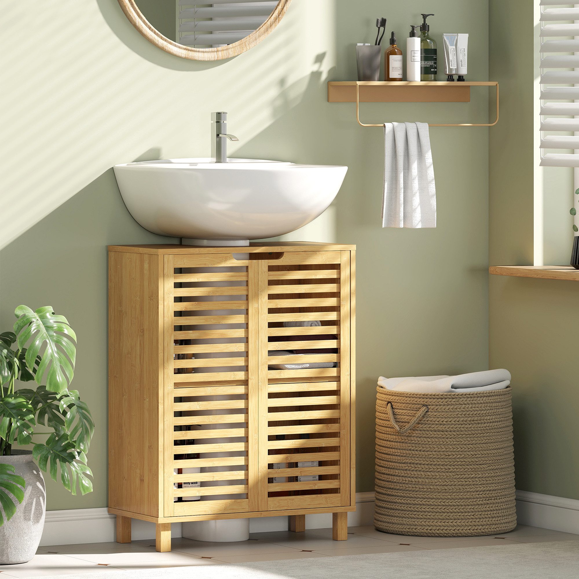 HOMCOM Waschbeckenunterschrank Unterschrank mit verstellbar Einlegeboden Waschtischunterschrank (Badezimmerschrank, 1-St., Badschrank mit Lamellentüren) für Badezimmer, Naturholz