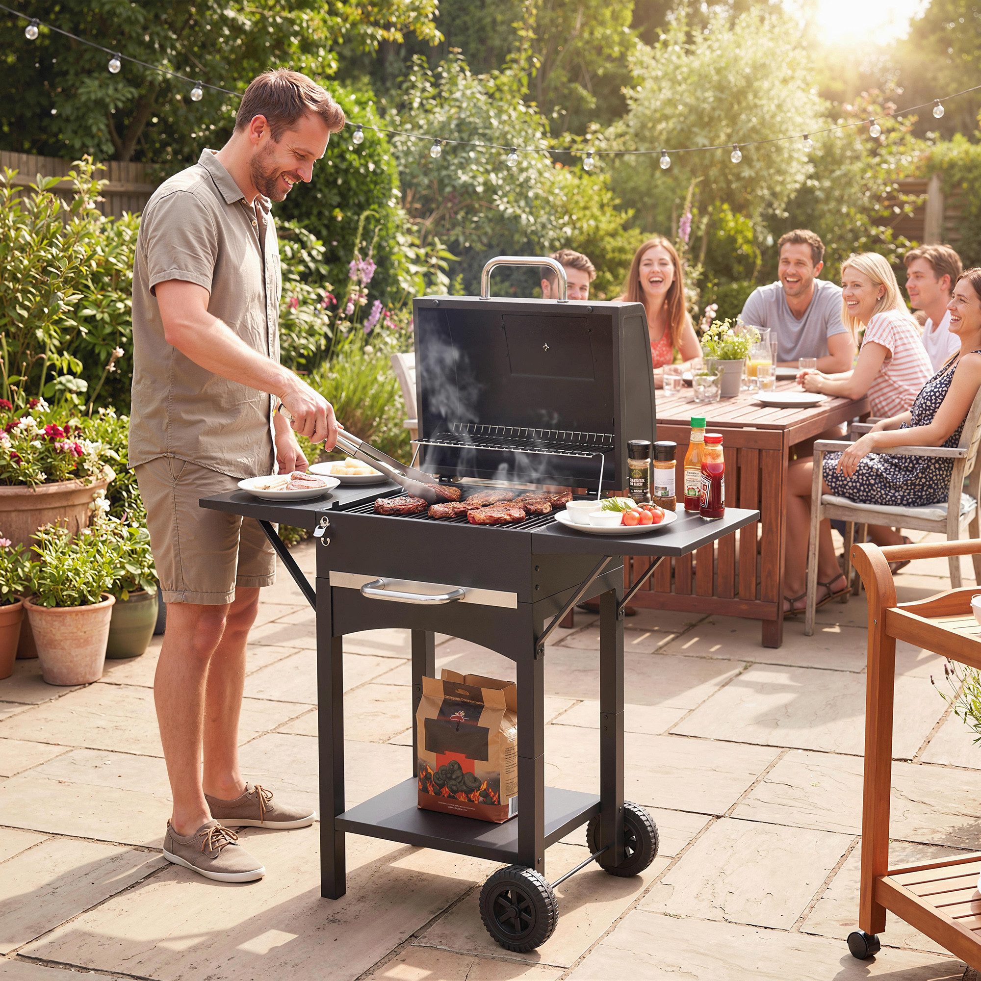 Outsunny Holzkohlegrill mit 2 Seitentischen, Große Grillfläche, Grillrost, Thermometer, Räder, BBQ Smoker Grill, Grillwagen, 110 x 46,5 x 101 cm Schwarz