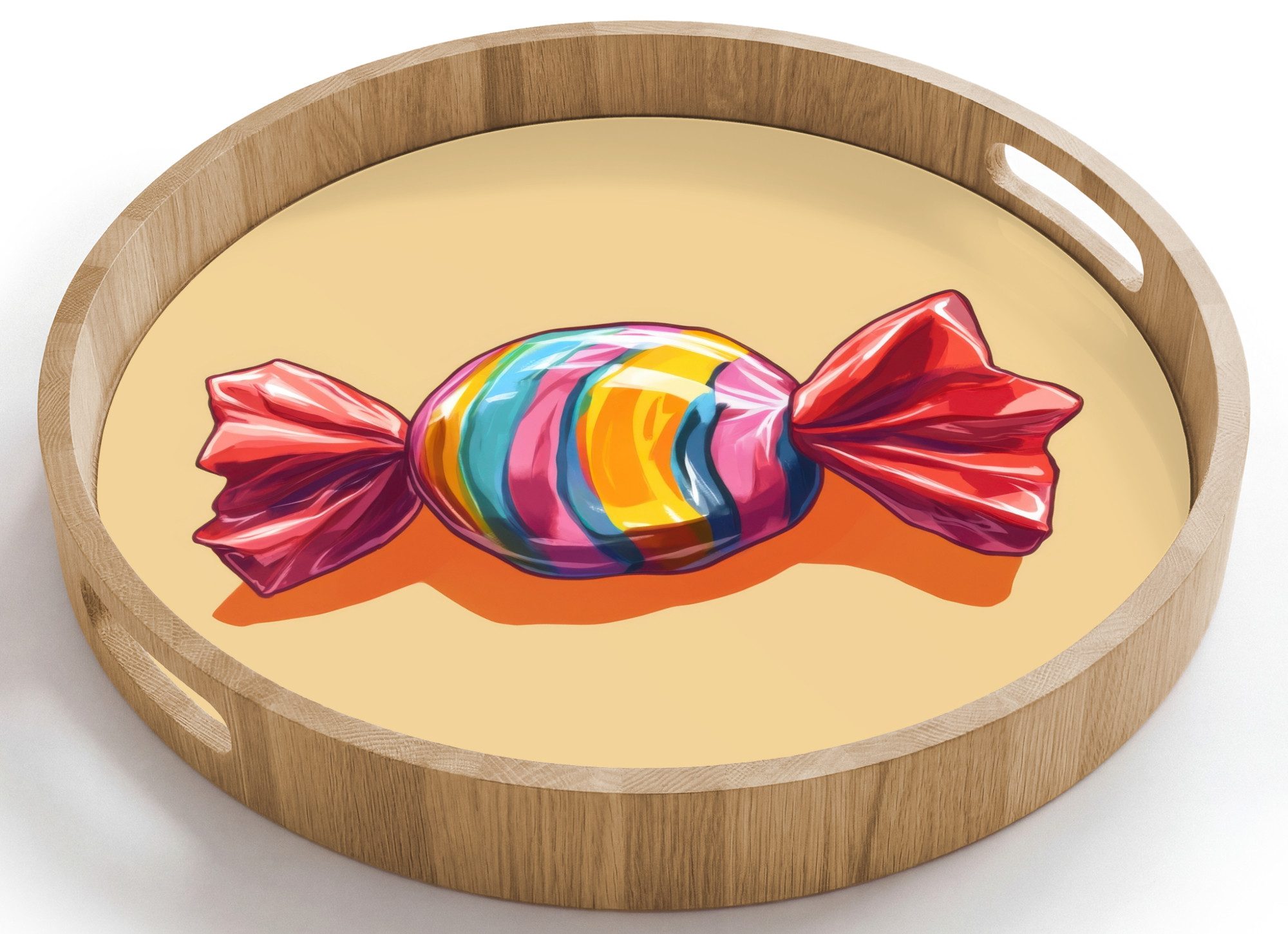 OnlyWow Tablett Rund mit Henkel Gelb - Bonbon - Farbe, Eichenholz, (1-tlg), Siervierplatte, Tray, Frühstücksbrett