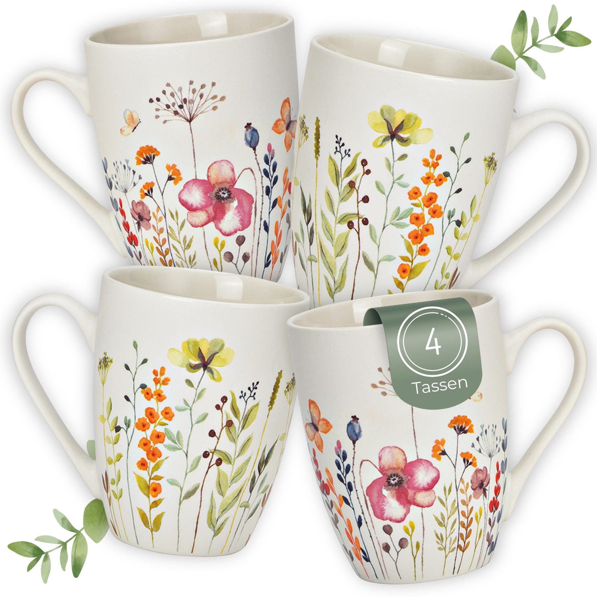 matches21 HOME & HOBBY Tasse Kaffeetassen Blumen Dekor, 4er Set Kaffeetasse Weiß, 4-tlg., Porzellan, Frühstückstasse 275 ml mit Floralem Design