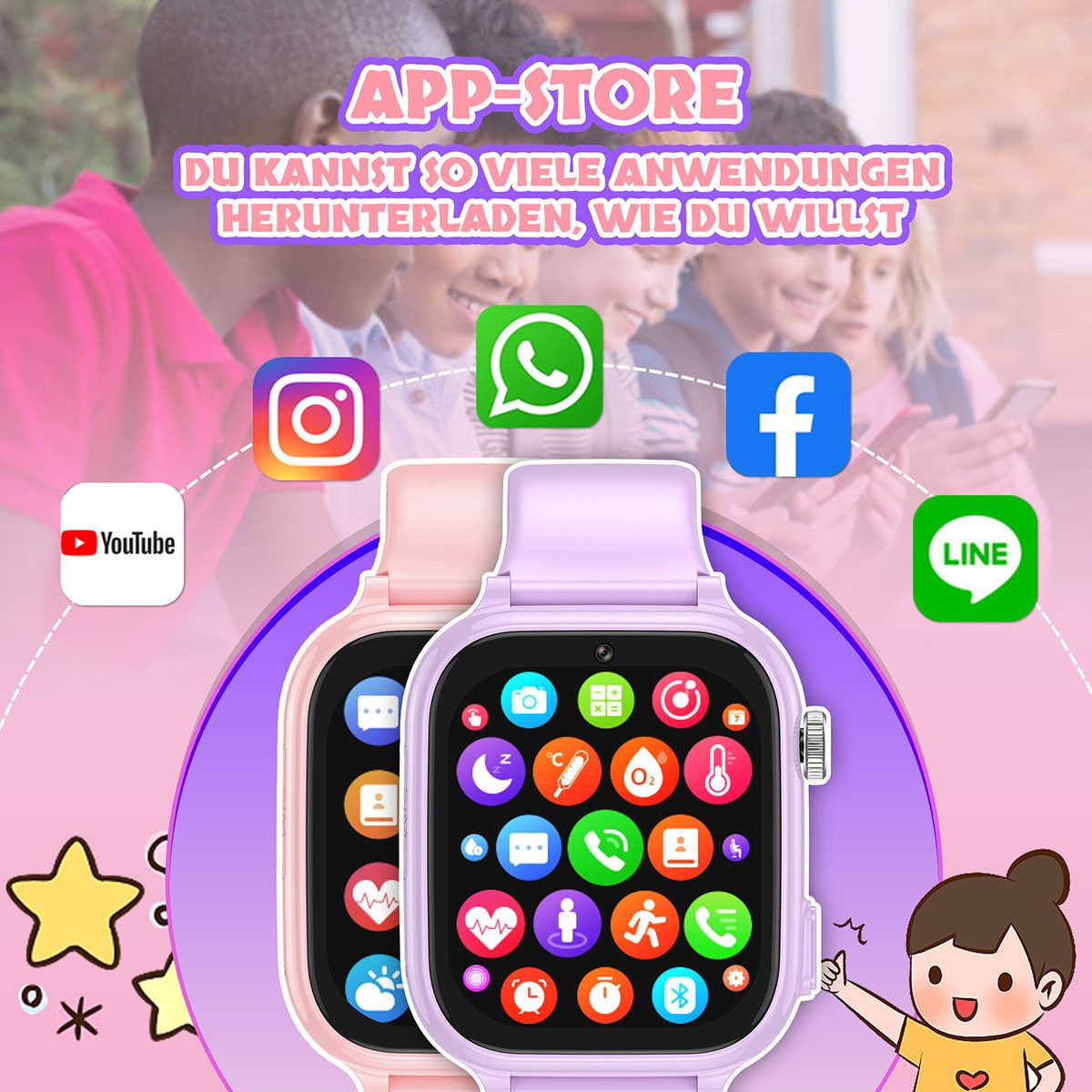 Vashoy Kinderuhr T59/T53 Smartwatch Kinder mit GPS,Kindgerecht sicher Smartwatch (5 cm/1.83 Zoll, RTOS/4G (LTE) 4G Telefonfunktionen Smartwatch, 6-tlg., Mit App – Bild 5 von 5
