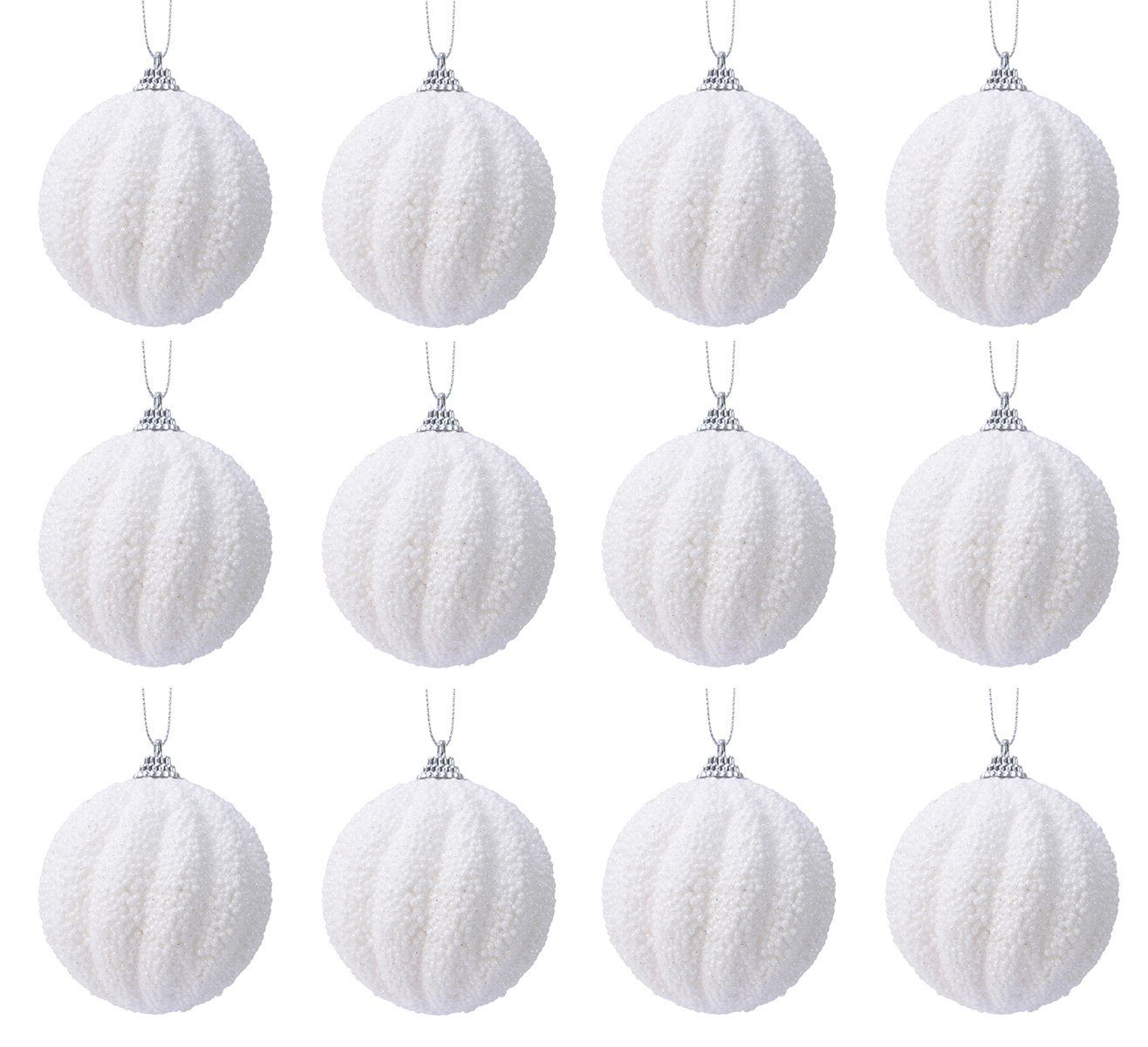 Kaemingk Weihnachtsbaumkugel, Weihnachtskugeln Kunststoff 8cm Glitzer geriffelt 12er Set Winterweiß