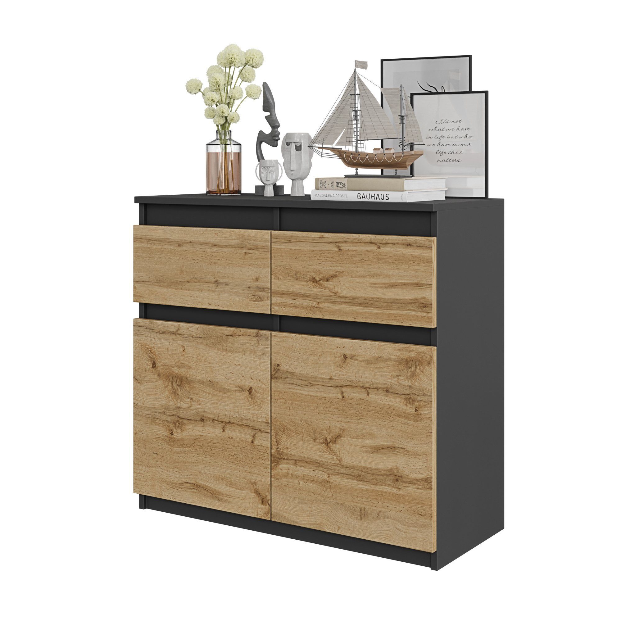 Furnica Kommode NOAH 2 Schubladen und 2 Türen - Anthrazit Grau H75cm B80cm T35cm