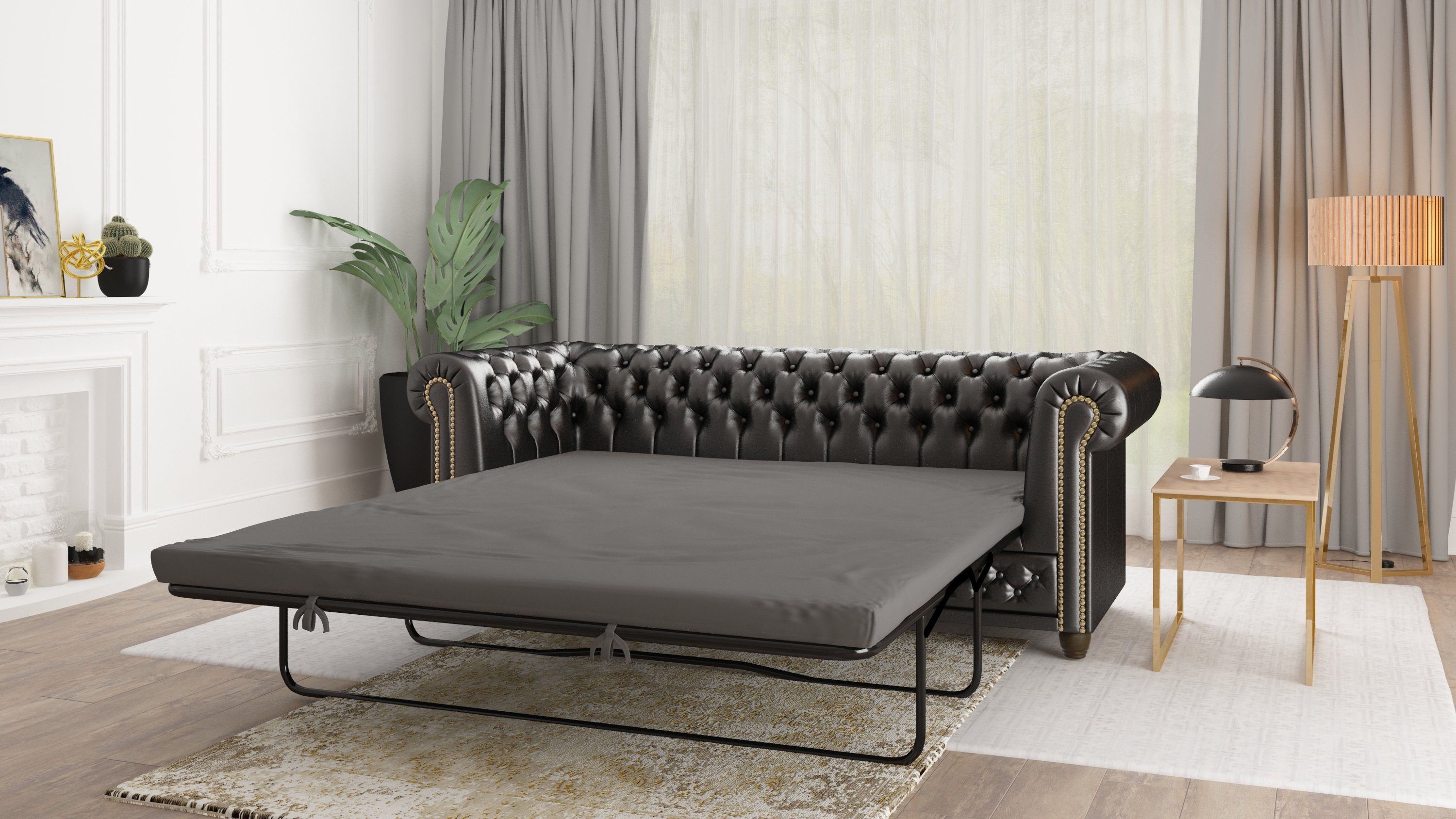 S-Style Möbel Chesterfield-Sofa Jeff, 3-Sitzer mit Schlaffunktion aus veganem Leder mit Holzfüßen, 3-Sitzer mit Schlaffunktion, mit Wellenfederung