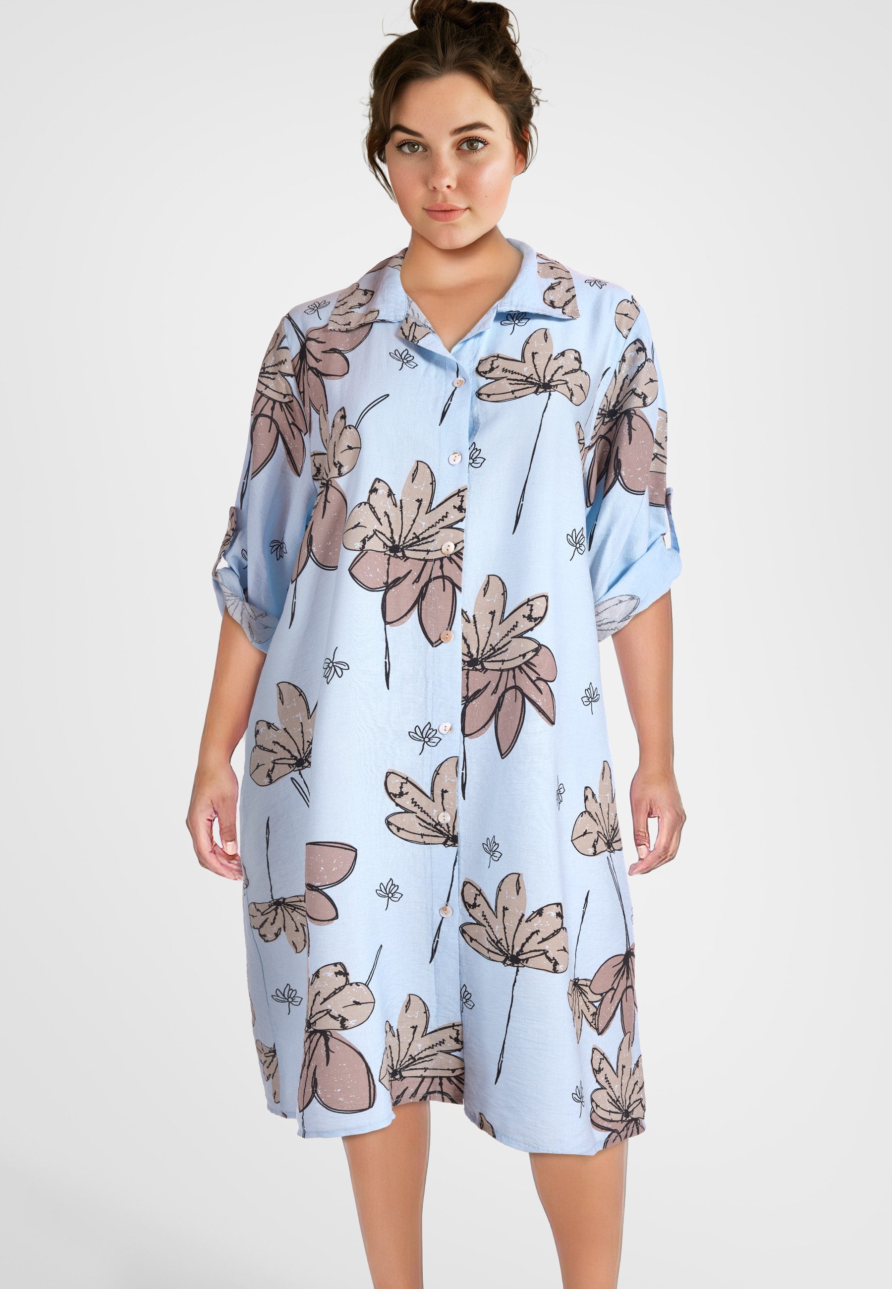 PEKIVESSA Sommerkleid Hemdblusenkleid mit Turn-Up-Ärmel Legerer gerader Schnitt mit Allover-Print