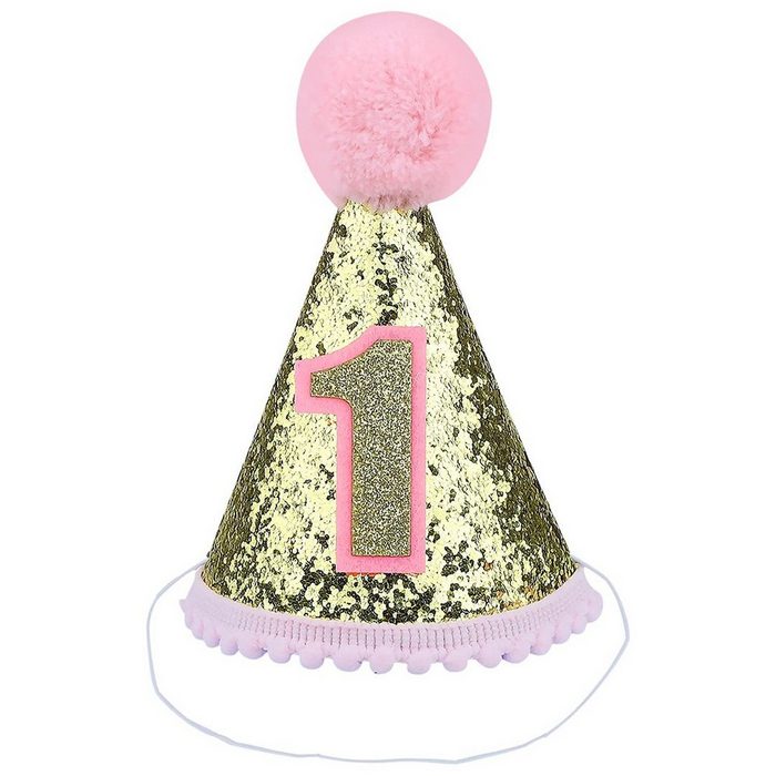BEARSU Zylinder 1. Geburtstag Hut Partyhüte Glitter Sparkle Verstellbares Stirnband Kegelhut Partyhüte mit Pom Poms Kindergeburtstagsfeierbedarf für Kinder Baby Jungen Mädchen Partydekorationen pink (1-St)