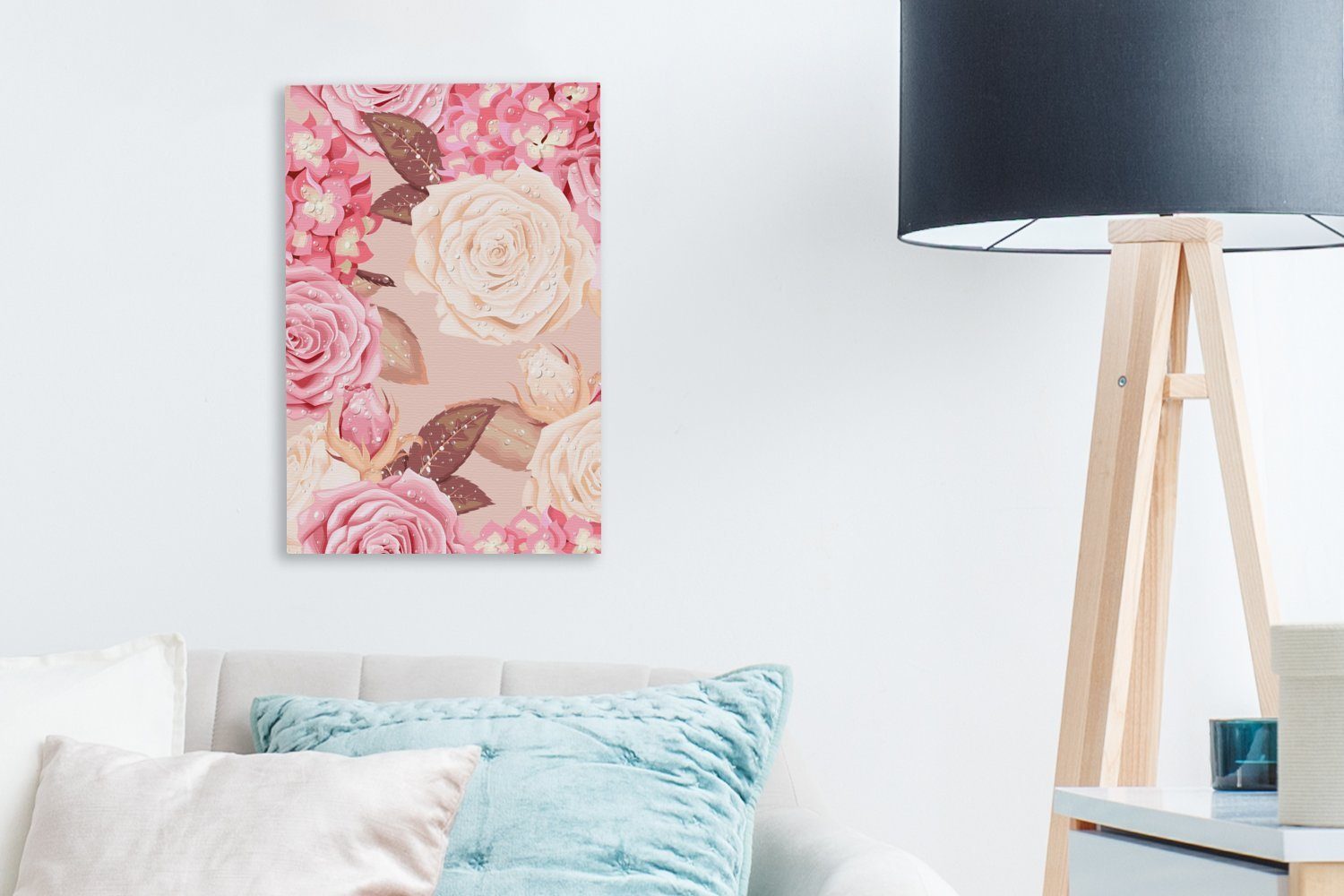 OneMillionCanvasses® Leinwandbild Rosen Zackenaufhänger, Rosa St), 20x30 bespannt Gemälde, - inkl. Tropfen, Leinwandbild cm fertig - - (1 Weiß