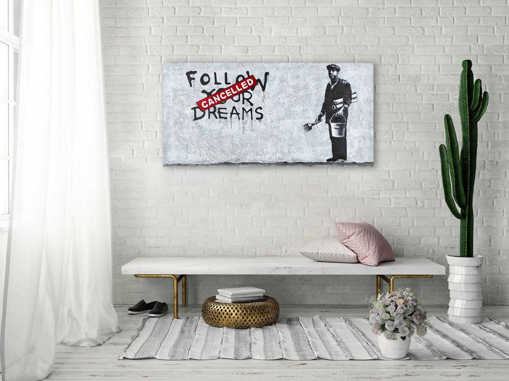 KUNSTLOFT Gemälde Banksy's Optimist 120x60 cm, Leinwandbild 100% HANDGEMALT Wandbild Wohnzimmer