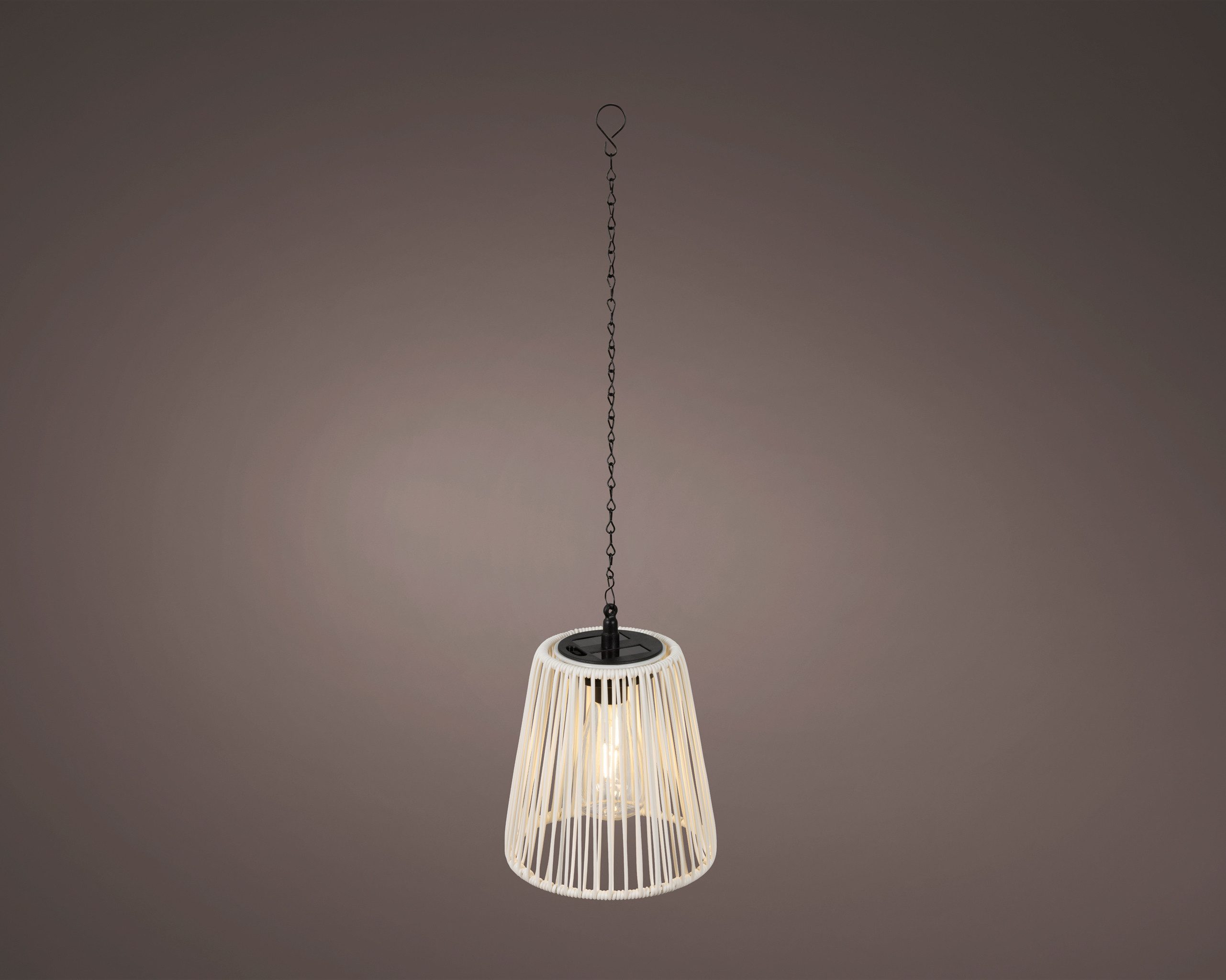 Lumineo LED Solarleuchte, Dauerlicht, warmweiß, Solar LED Pendelleuchte Outdoor 17,5cm Rattan-Optik Weiß / Warmweiß