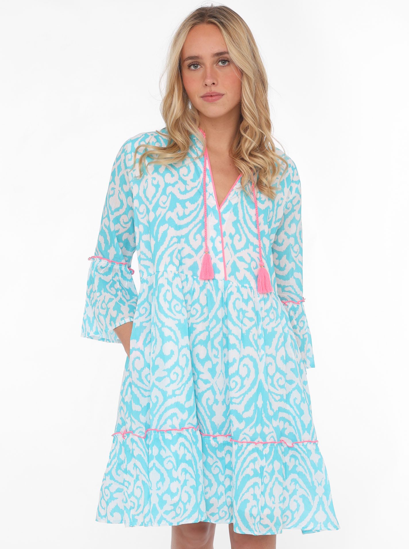 Zwillingsherz Sommerkleid Kleid "Ornamente" mit Tasseln, Trompeten Ärmeln und Eingriffstaschen