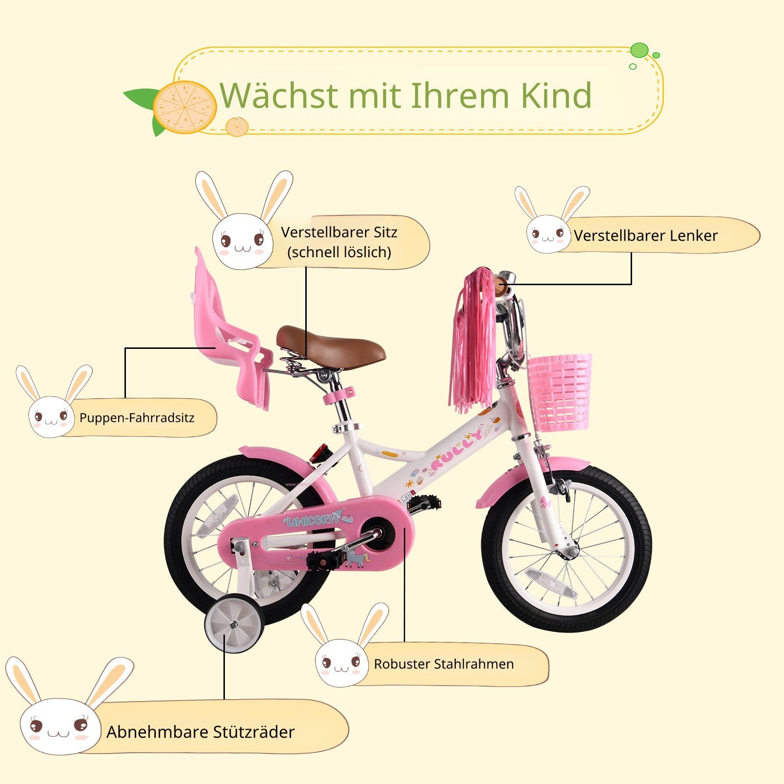 RULLY Kinderfahrrad Kinderfahrrad Mädchen 12/14/16 Zoll für 2–7 Jahre, 1 Gang, Mit Korb, Puppensitz, Stützrädern, Schutzblech & Klingel