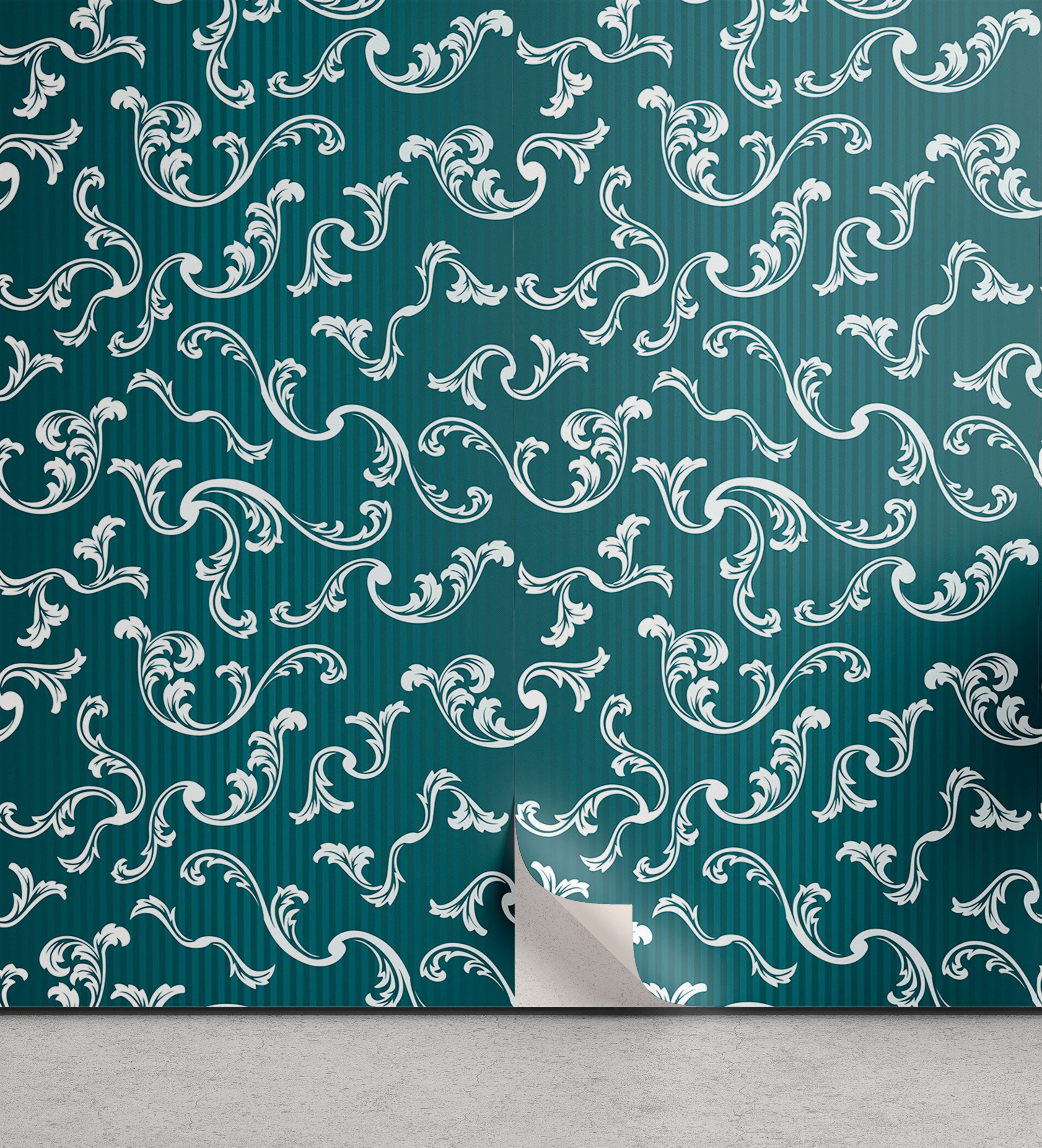 Abakuhaus Vinyltapete selbstklebendes Wohnzimmer Küchenakzent, Teal Grün Blätter Motiv auf Streifen