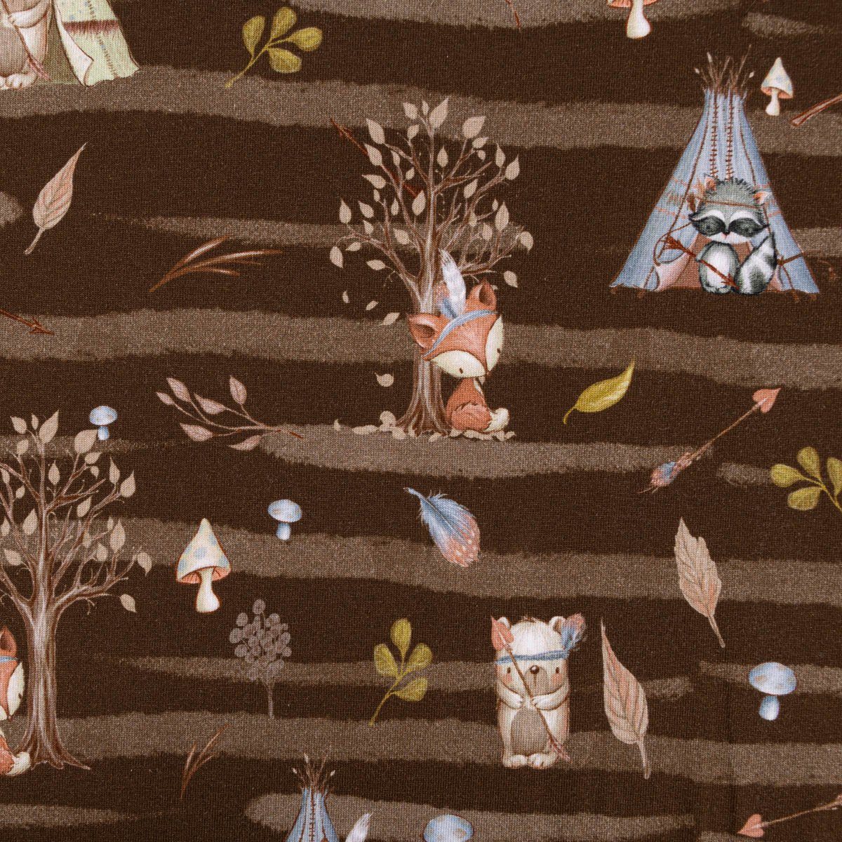 SCHÖNER LEBEN. Stoff Baumwolljersey Jersey Digitaldruck Fuchs Bär Waschbär braun 1,50m, allergikergeeignet