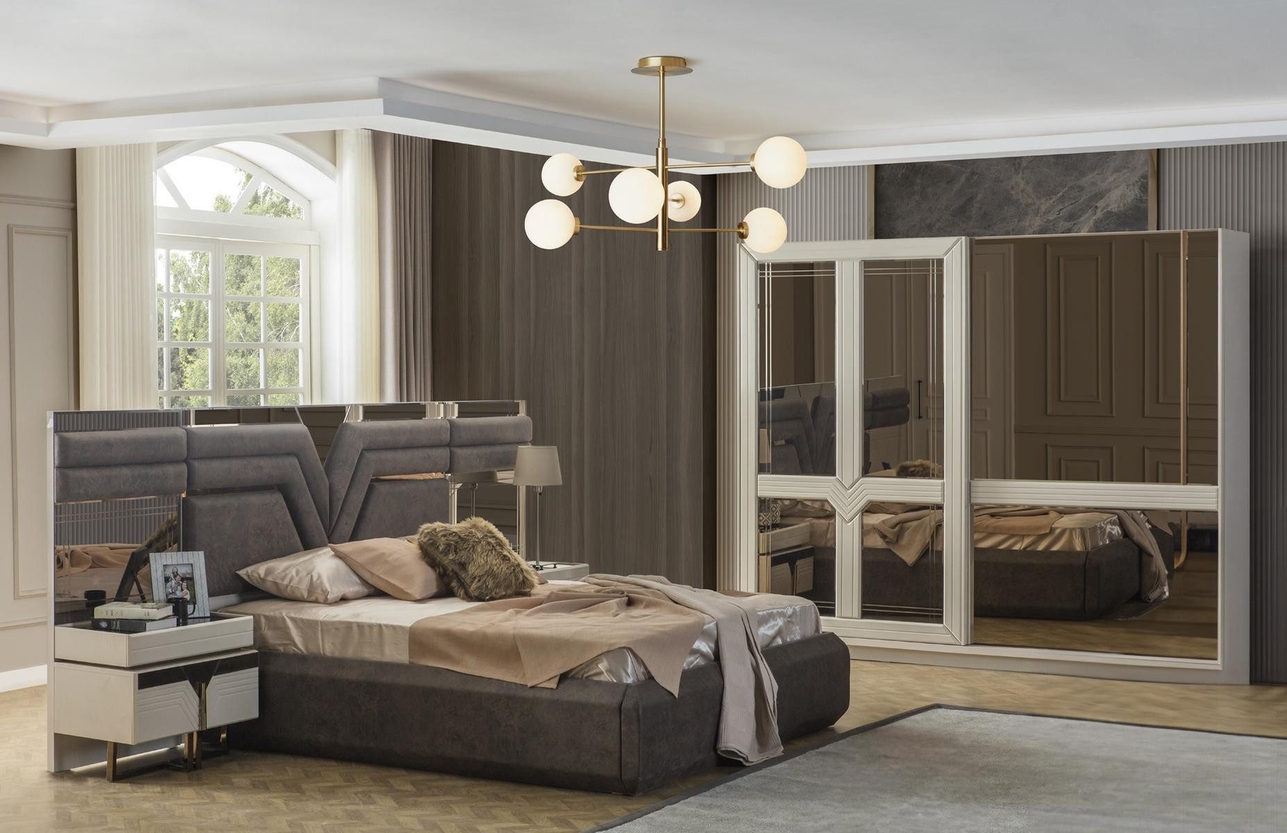 Schlafzimmer-Set Garnitur Schlafzimmer Doppelbett Bett Nachttische 4tlg Grau Schrank