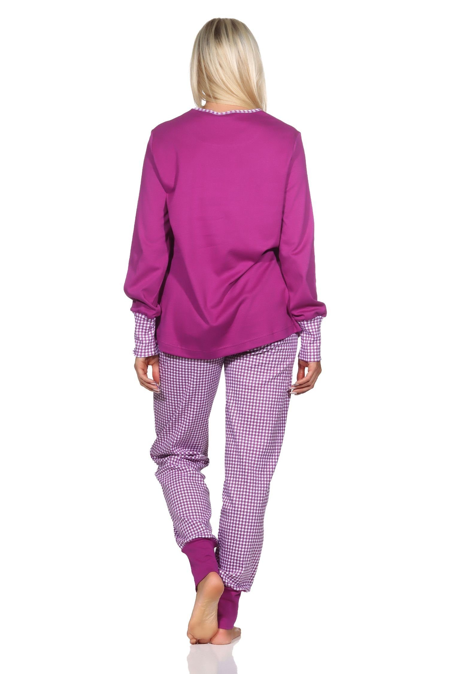 in Interlock Schlafanzug Kuschel Normann Normann Qualität mit lila Pyjama Damen Bündchen