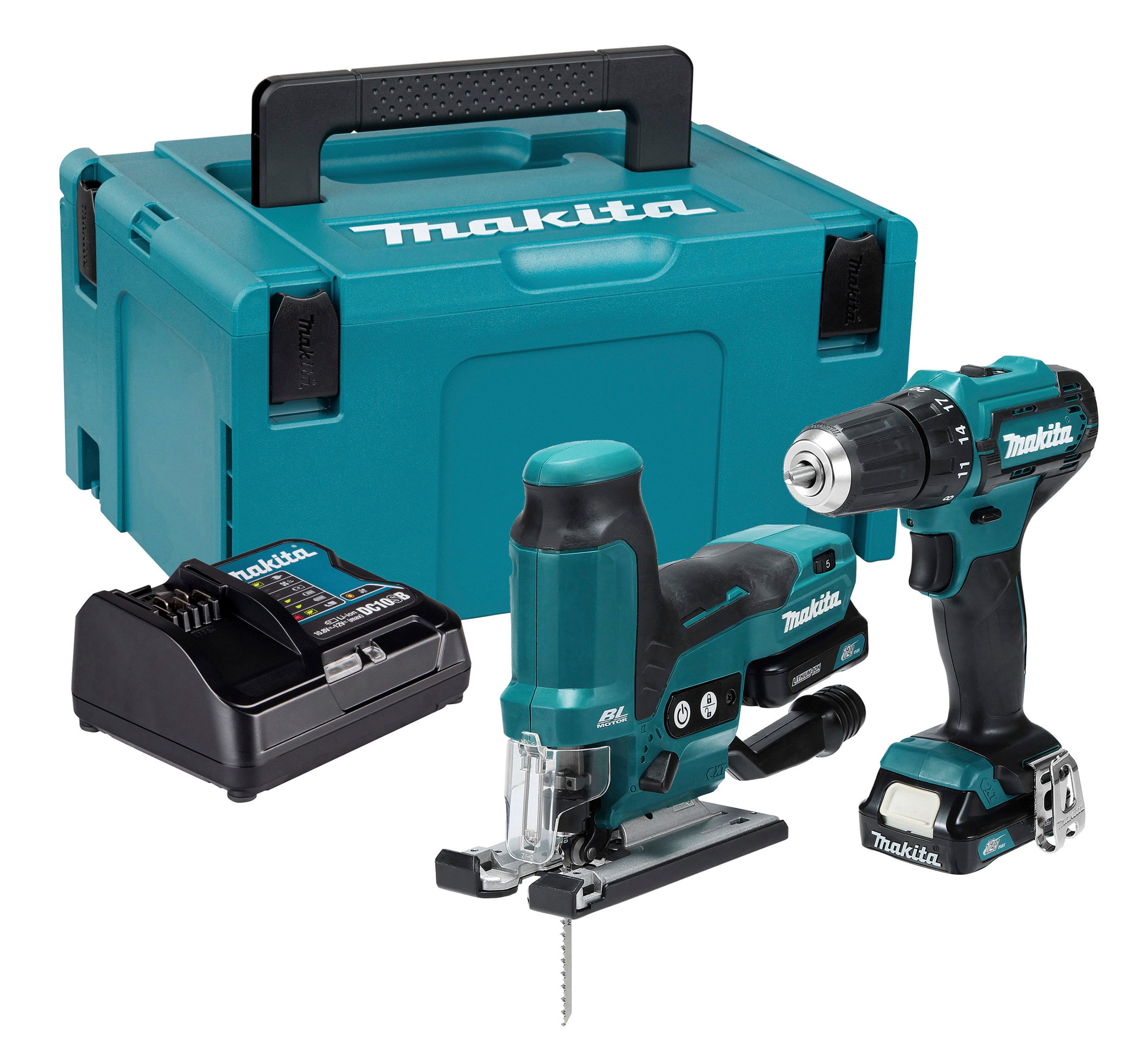 Makita Akku-Bohrschrauber Akku-Kombo-Kit CLX252SAJ, (Komplett-Set, Akku-Bohrschraube, Akku-Pendelhubstichsäge, 2. Akkus), 12V max., 2 Maschinen, 2 Akkus, Ladegerät + Koffer