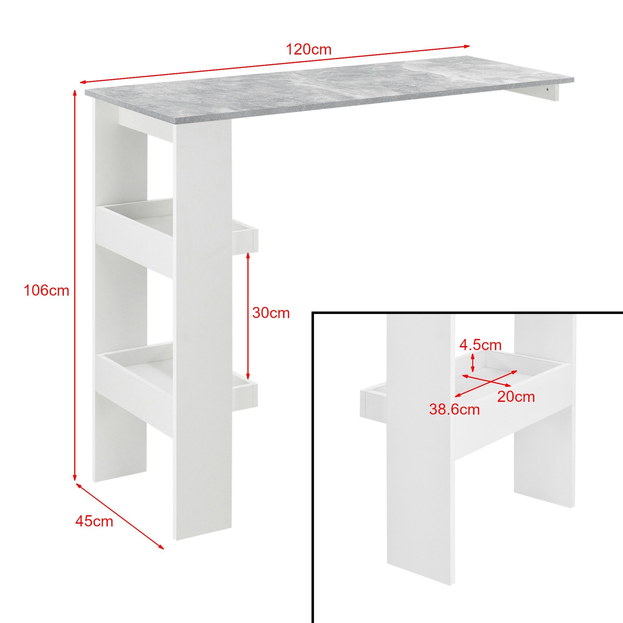 120x45x106cm Bartisch, Stehtisch en.casa Bromölla betonfarben - weiß Weiß/Betonoptik