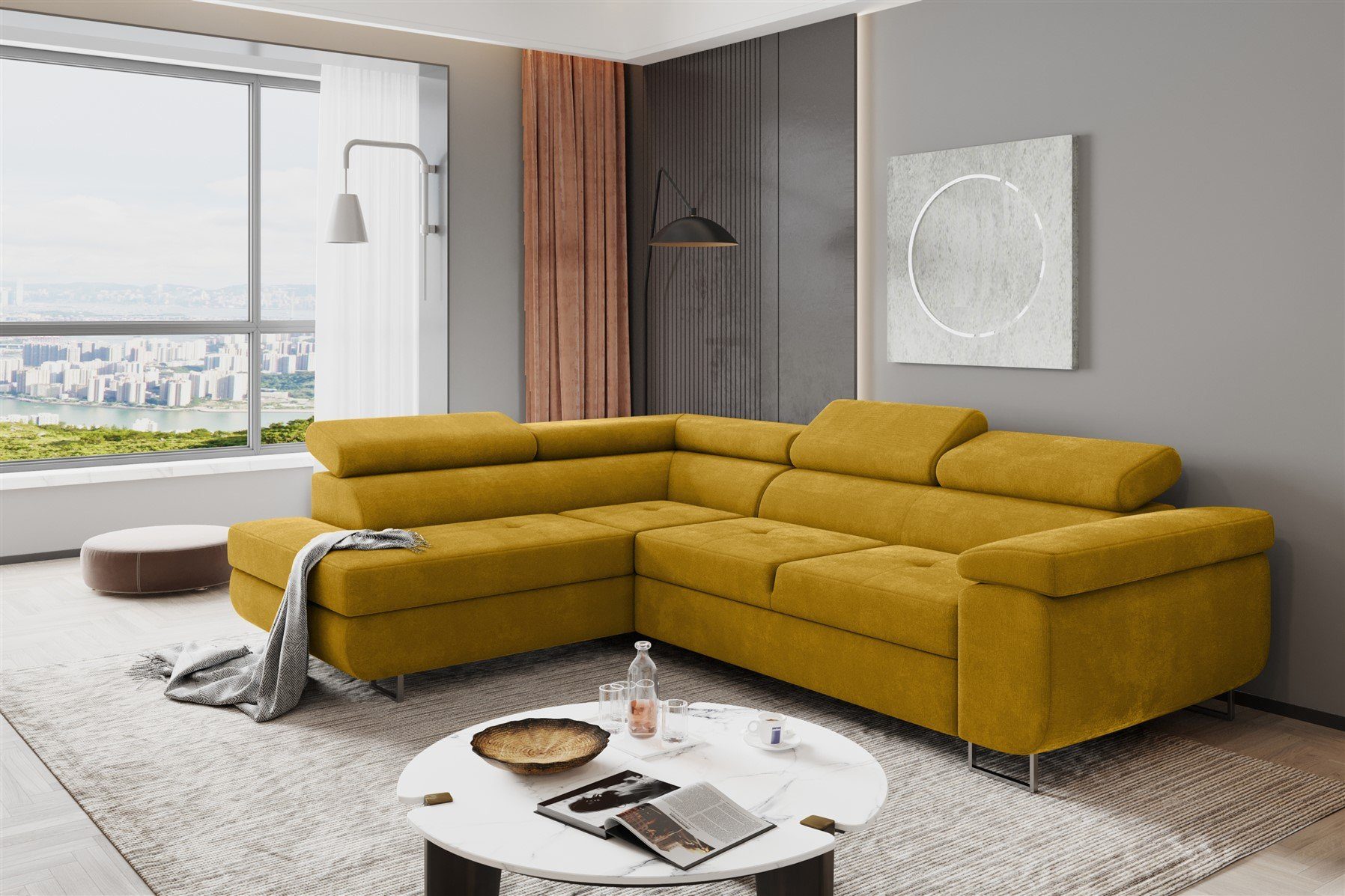 Fun Möbel Ecksofa Couchgarnitur JADE Stoff Gelb Schlaffunktion Ottomane Rechts Links, 1 Teile, mit Schlaffunktion