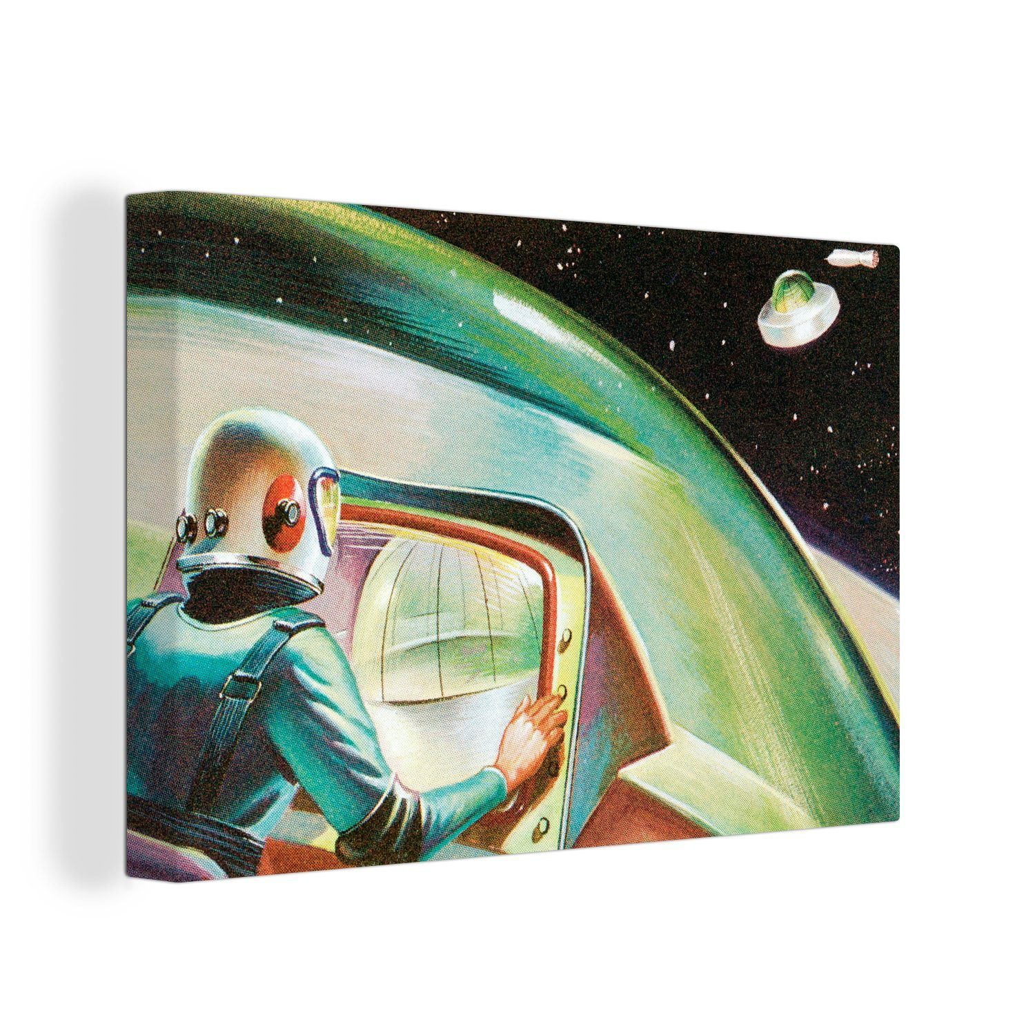 OneMillionCanvasses® Leinwandbild Eine bunte Illustration eines UFOs im Weltraum - Jungen - Mädchen -, (1 St), Wandbild Leinwandbilder, Aufhängefertig, Wanddeko, 30x20 cm