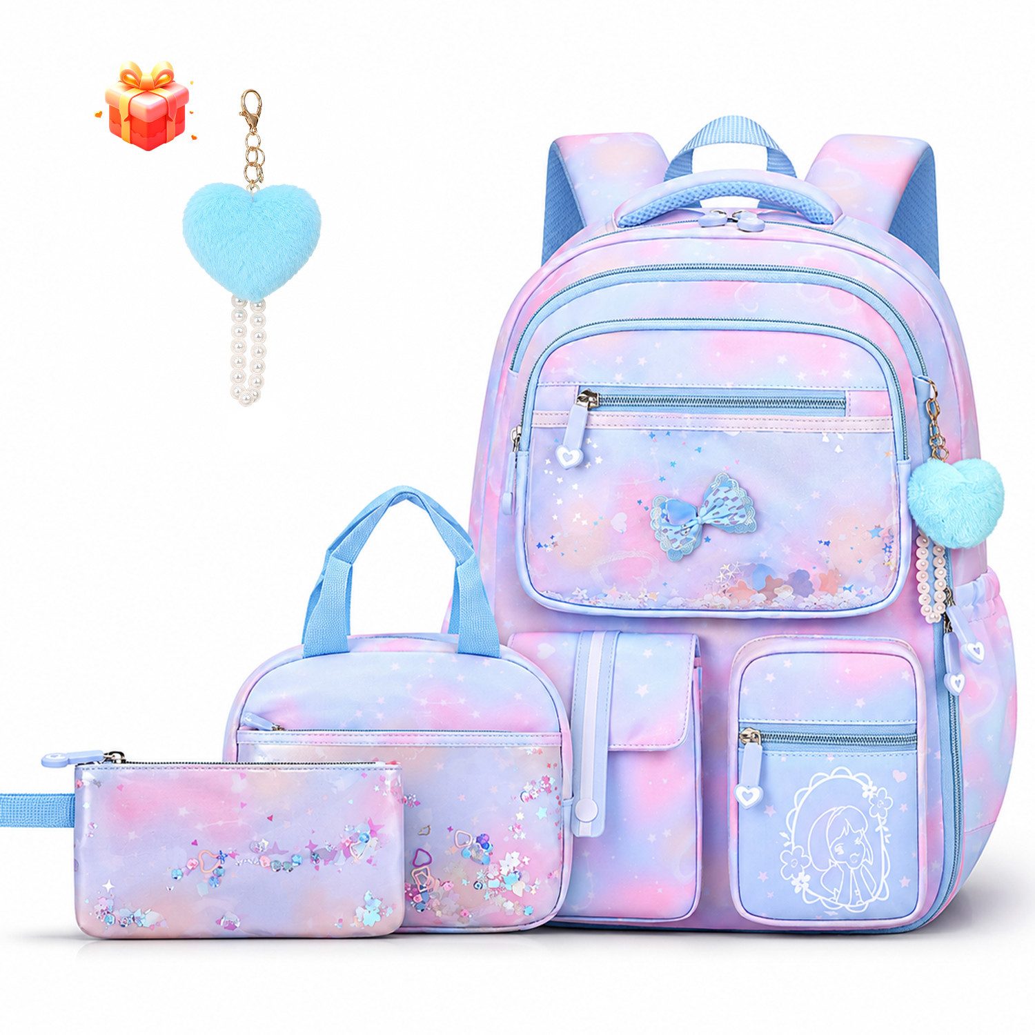 MOPUEA Schulrucksack Schulrucksack Set 3-teilig, Rucksack mit Lunch-Tasche und Mäppchen (3-teiliges Schulrucksack-Set mit Lunch-Tasche und Federmäppchen im Set, Rucksack 45×32×18 cm, Lunch-Tasche 24×18×13 cm, Mäppchen 21×11 cm groß), Viele Fächer, Rückent